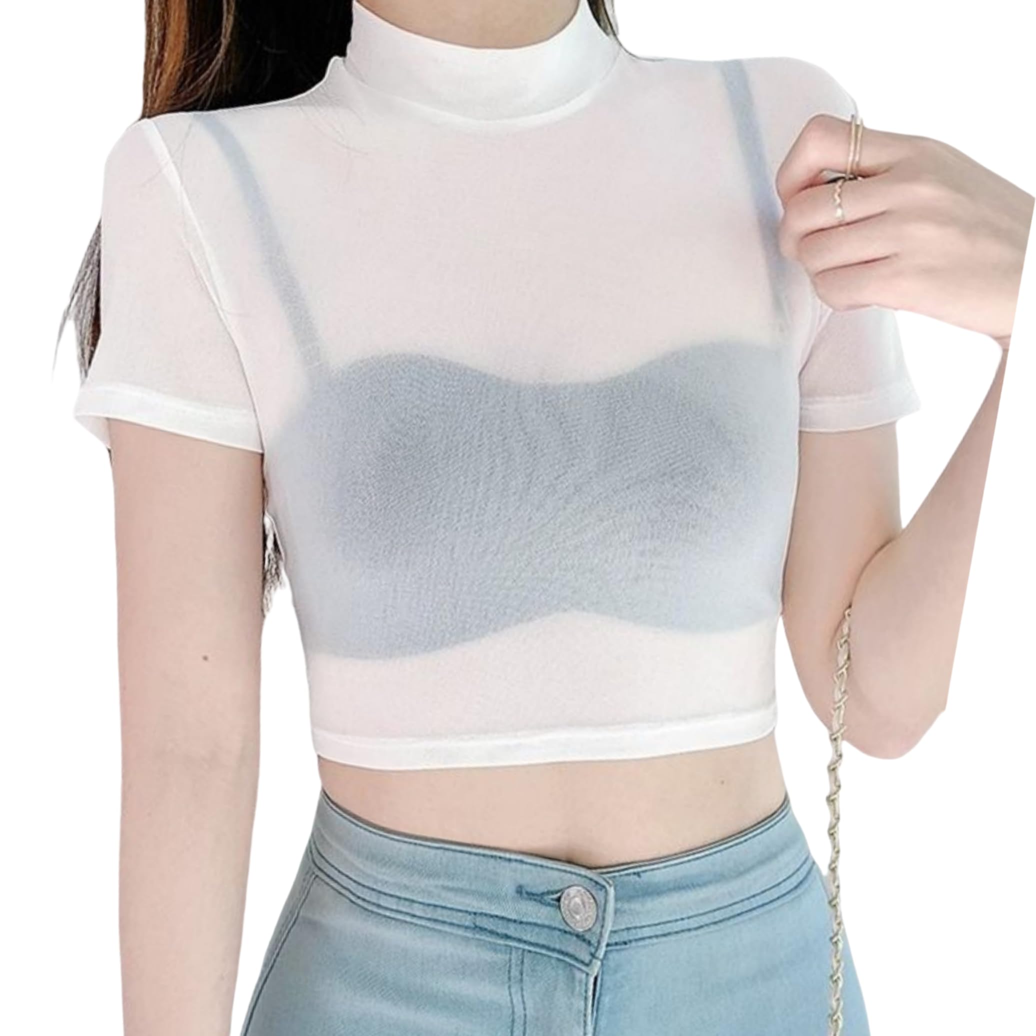 【送料無料】[KOEKOI] Tシャツ へそ出しレディース カットソー 半袖 ショート丈 tシャツ シアー トップス シースルー ブラウス トップス ダンス衣装 Tシャツ カットソー 着痩せ シースルー トップス セクシー 無地 ショートtシャツ 夏 色：ホワイト、サイズ：Free Size