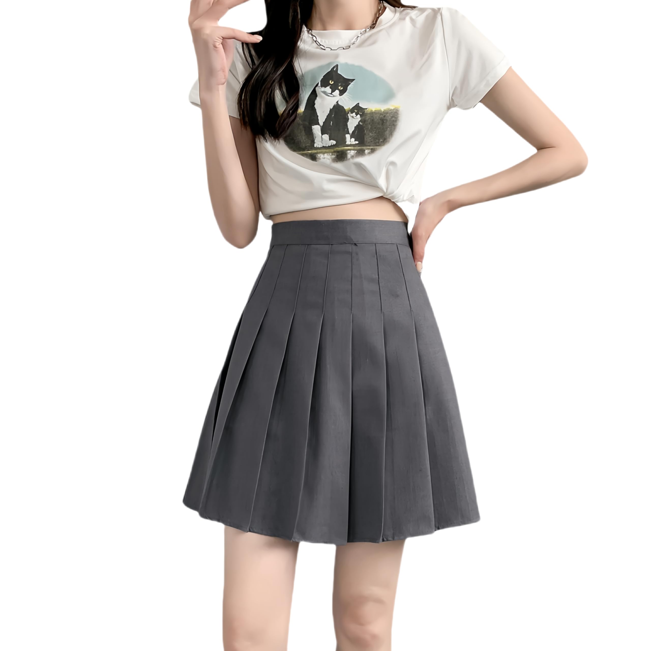 【送料無料】[KOEKOI] プリーツスカート ミニ スカート レディース 美脚 セクシースカート パンツ付き オフィス OL 制服 コスチューム セーラー服 卒業式 プリーツ 日系 美尻 ハイウエスト 色：灰-無地-44CM、サイズ：2XL