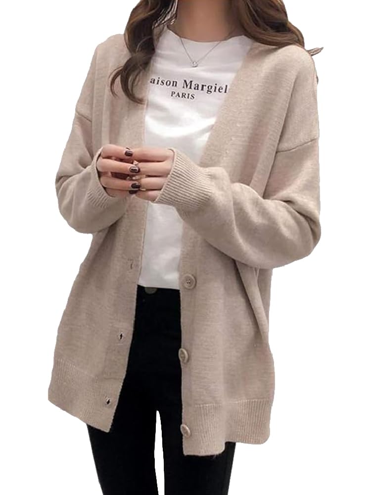 【送料無料】Bvaeocl カーディガン レディース ニット トップス シンプル ボタン Vネック 無地 長袖 カジュアル 春秋 BV112 色：ベージュ、サイズ：Free Size