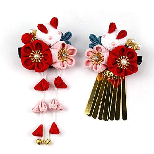 【送料無料】Bethany Home つまみ細工 髪飾り-2本セット 兎 花 可愛い クリップ 手作り 和装 成人式 花飾り ヘッドドレス 和装アクセサリー 着...