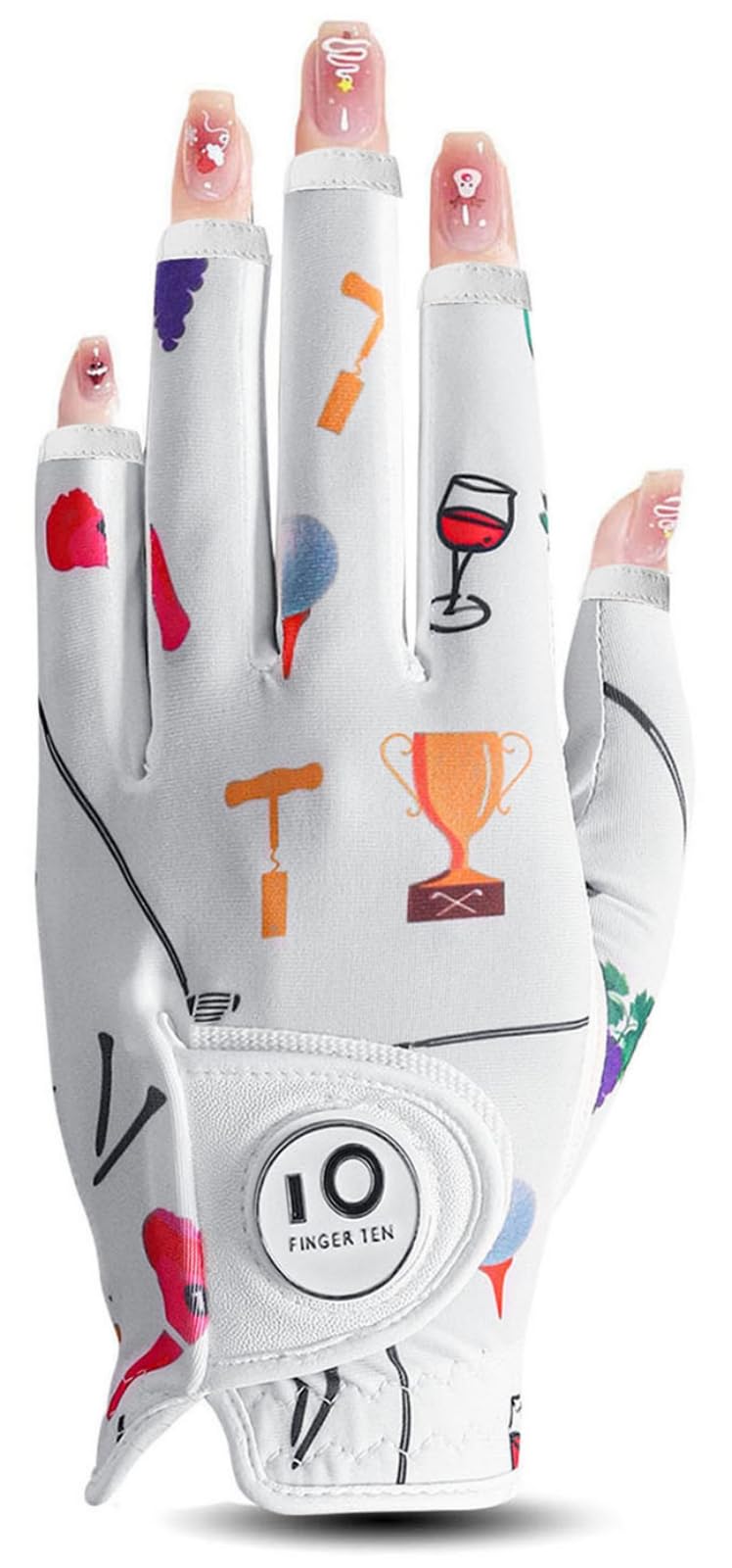 【送料無料】ゴルフグローブ レディース ネイル指先カット 羊革とマイクロファイバーレザー ストレッチ生地 ソフト 柔らかめ 伸縮 通気 耐摩耗性 滑りにくいグリップ 雨 汗に強い 全天候モデル ゴルフマーカー付 色：ホワイト（ネイル指先カット）、サイズ：22（左手用）