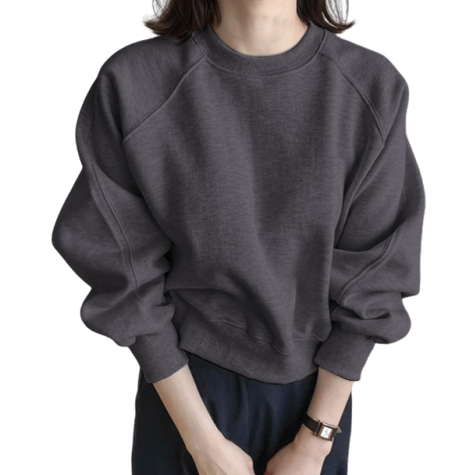 【送料無料】トレーナー レディース パーカー 長袖 スウェット 丸首 トップス ショート丈 プルオーバー 無地 ゆったり 体型カバー おしゃれ 日常 通勤 春 秋 冬 色：チャコール、サイズ：M