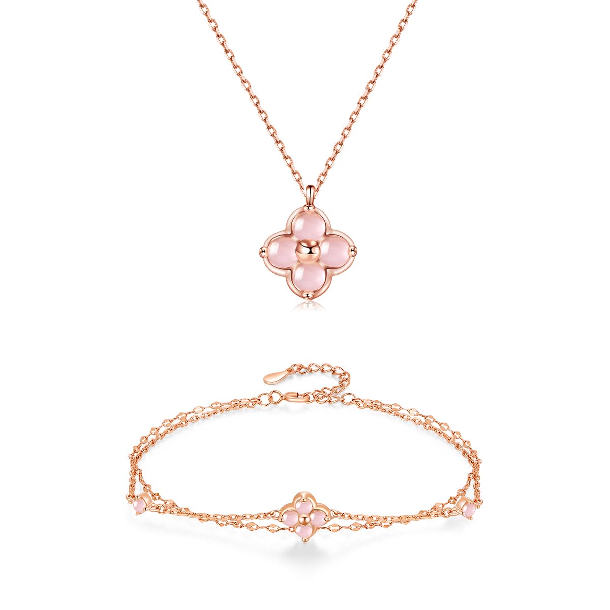 【送料無料】[FH.bird] ペリドット ネックレス レディース ピアス セット ピンクゴールド 四つ葉 クローバー 12ヵ月誕生石「幸運のお守りです」 金属アレルギー対応 シルバー925ネックレス 錆びない 8月誕生石 20代 8月 色：10: ローズクオーツ ブレスレット ネックレス