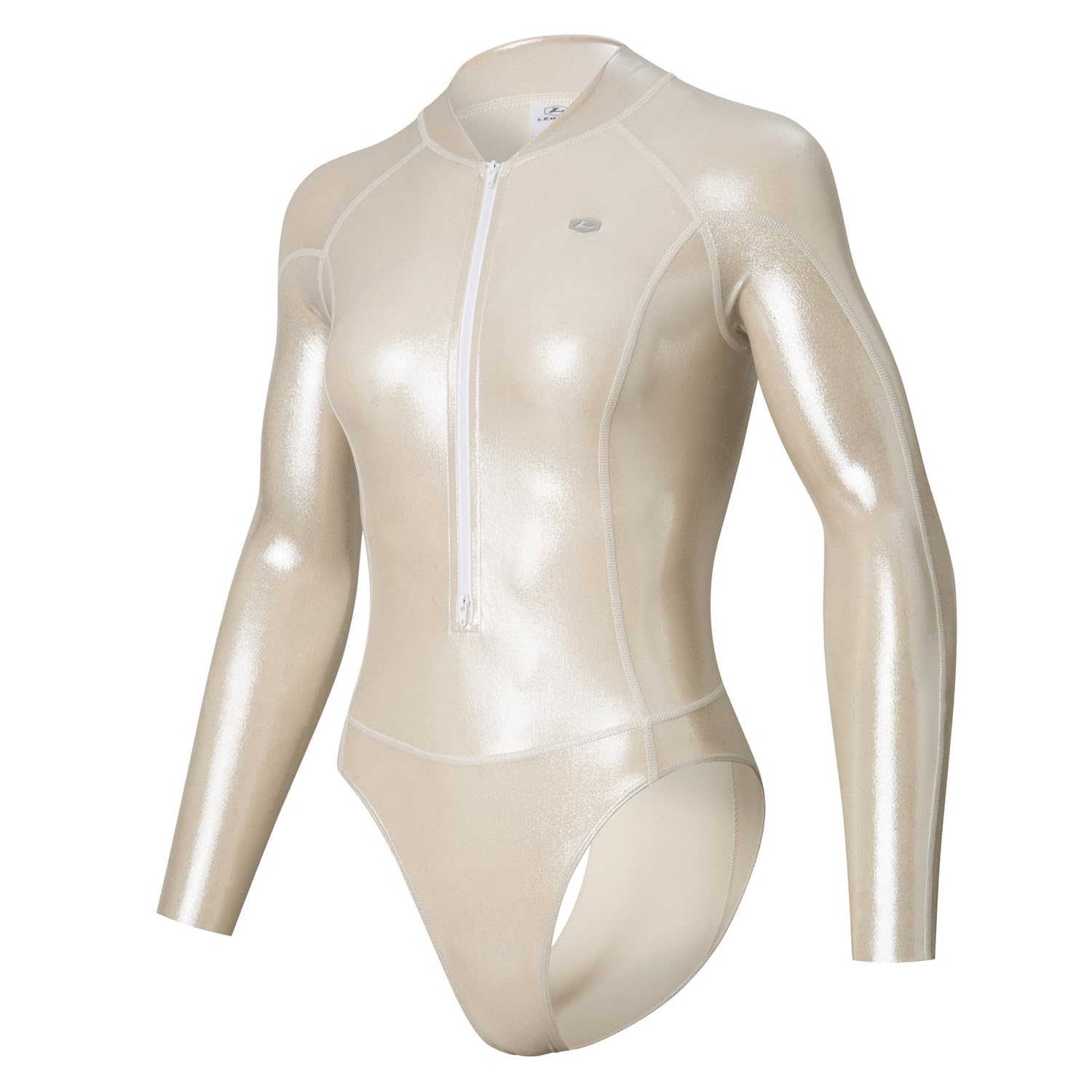 【送料無料】[LEOHEX] 超光沢セクシースタイリッシュダイビングスタイルハイレグ長袖競泳水着 色：シャンパン、サイズ：2XL RegularLong