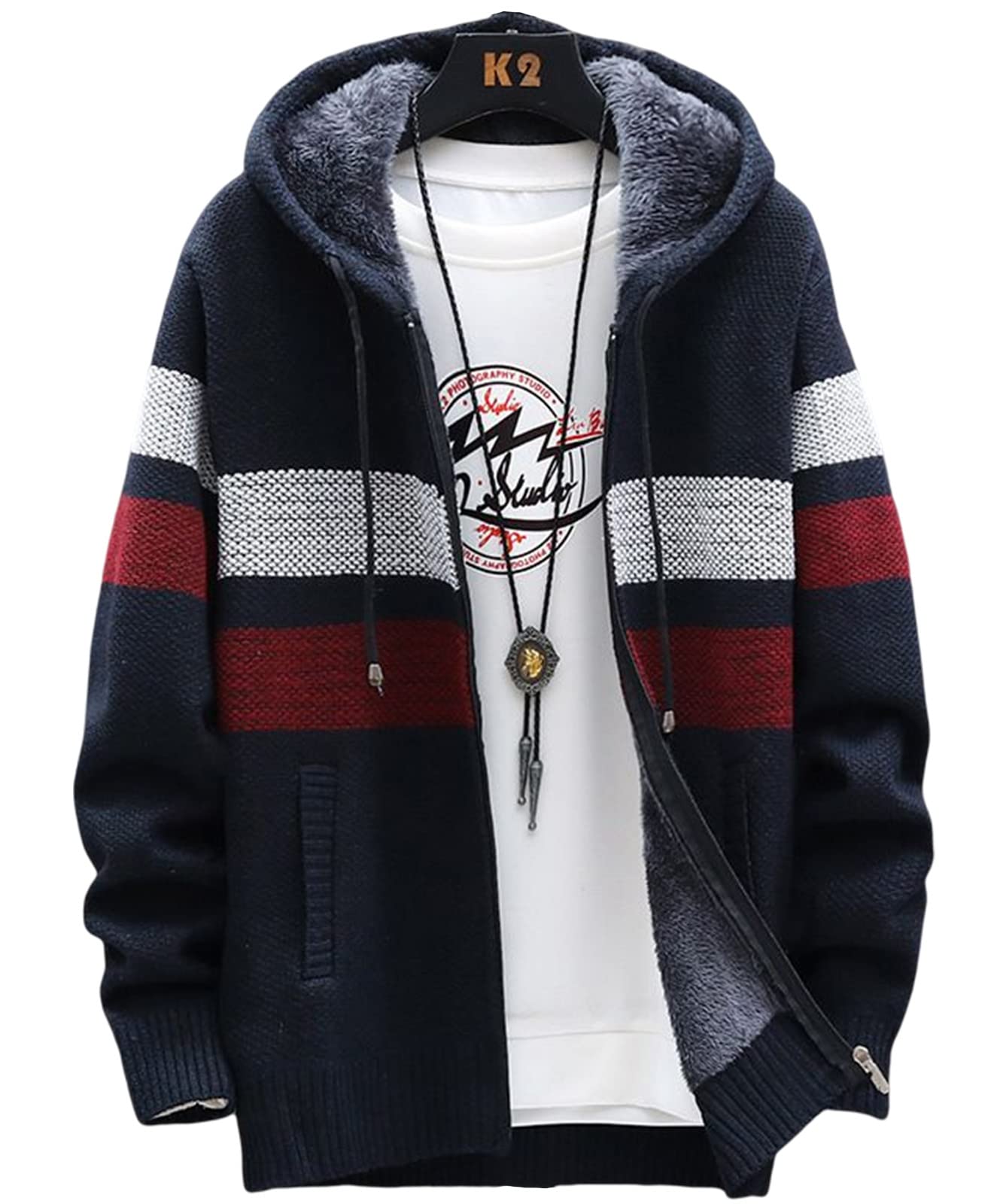 【送料無料】[BLANK BLANC] メンズ パーカー ボア カーディガン ボーダー 暖かい 春 秋 冬 M～2XL B31 色：ネイビー、サイズ：XL