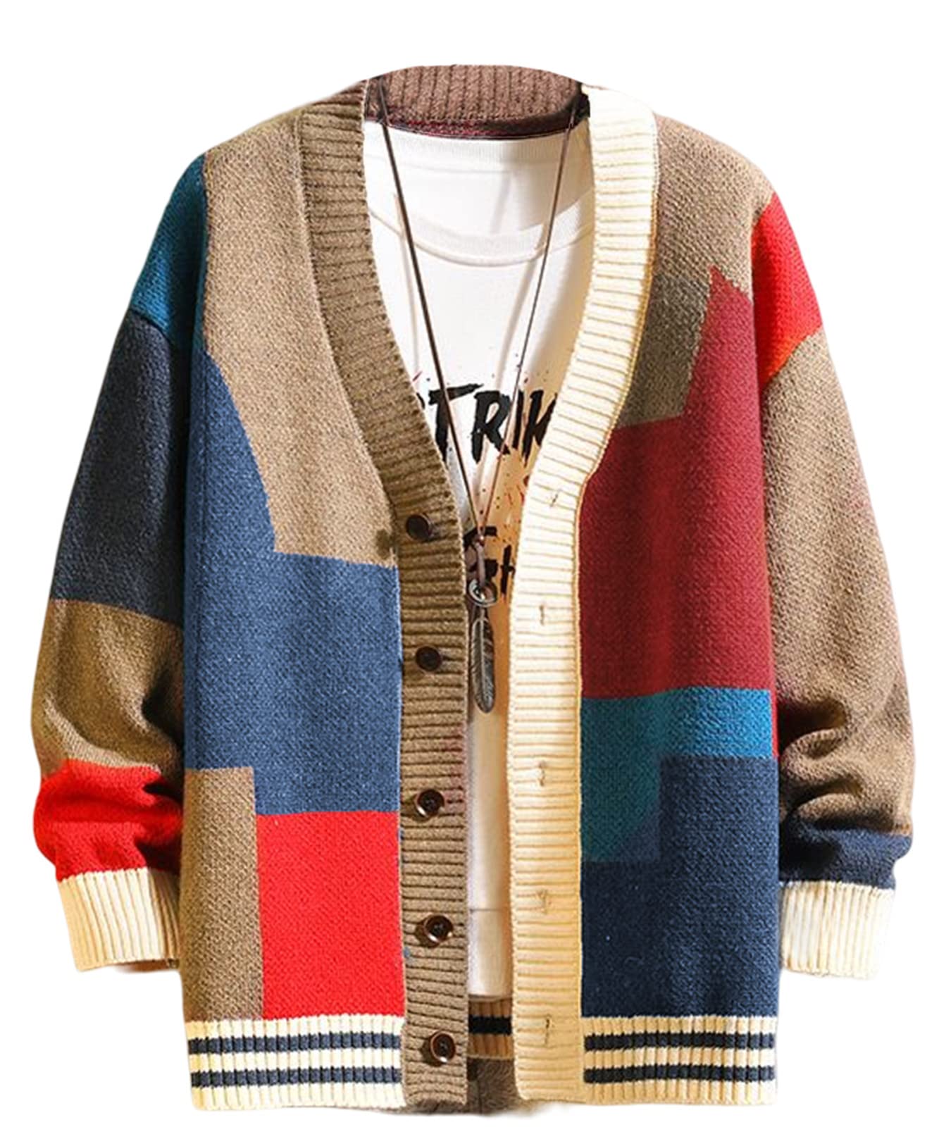 【送料無料】[BLANK BLANC] カーディガン メンズ パッチワーク 羽織り レイヤード Vネック 秋 春 S〜XL..