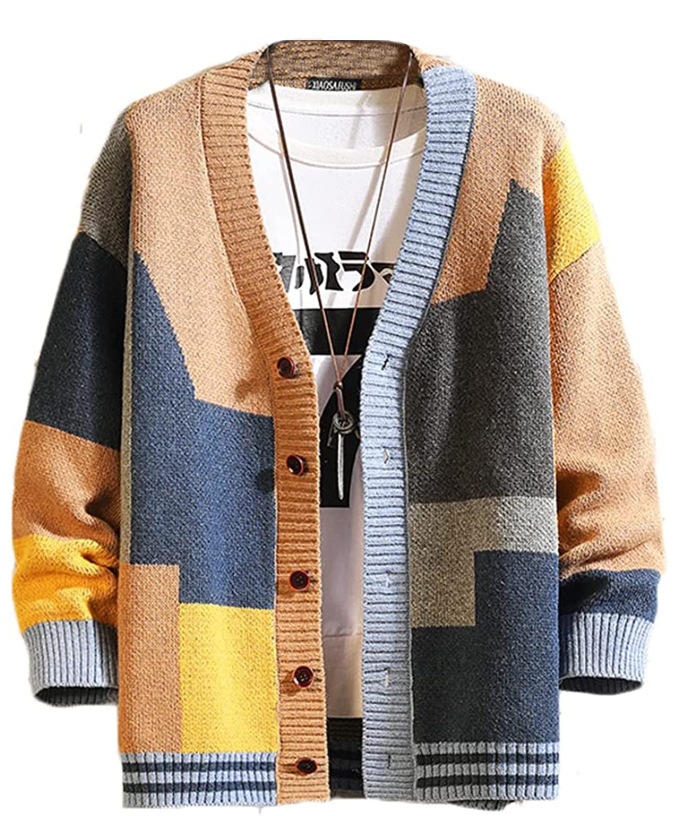 【送料無料】[BLANK BLANC] カーディガン メンズ パッチワーク 羽織り レイヤード Vネック 秋 春 S〜XL..