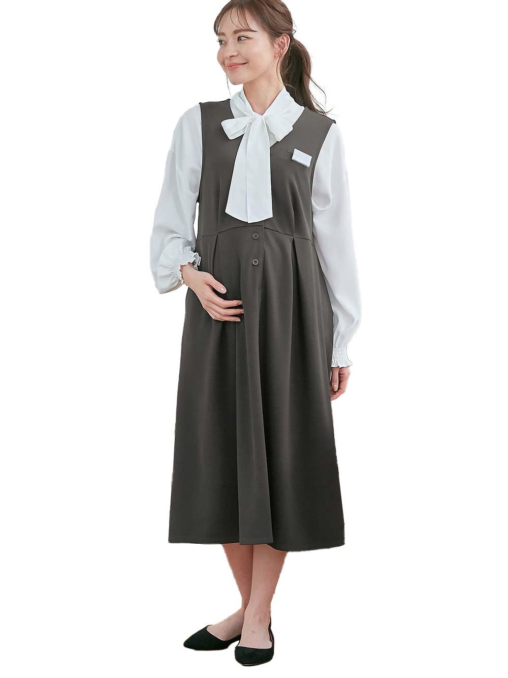 【送料無料】[ANGELIEBE エンジェリーベ] マタニティ ワンピース 着丈が選べる 強撚スムース ベスト ワンピ ジャンパースカート 産前 産後 妊婦服 事務服 色：チャコール（ロング丈）、サイズ：M