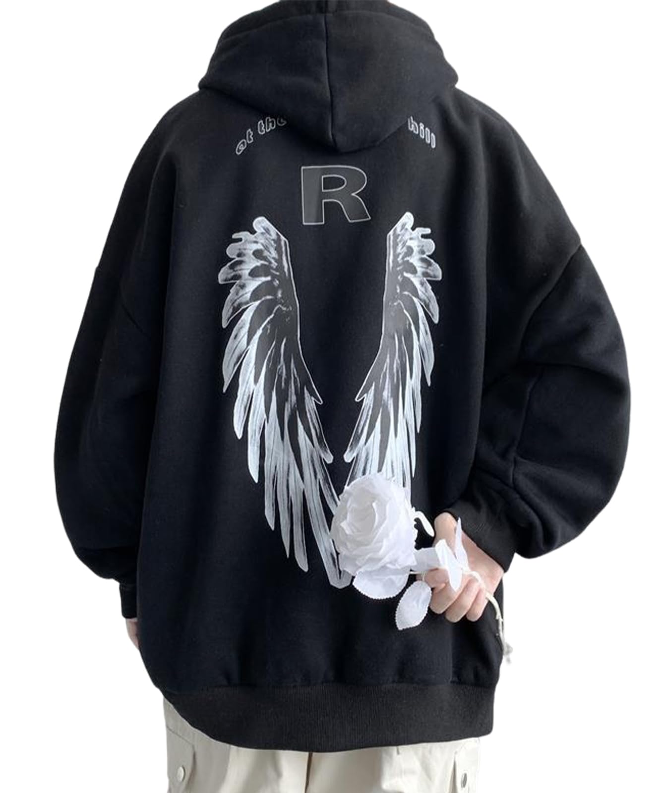 【送料無料】[BLANK BLANC] パーカー フーディー メンズ ビックシルエット 羽 プリント カジュアル ゆったり 秋冬 B05 色：ブラック、サイズ：L