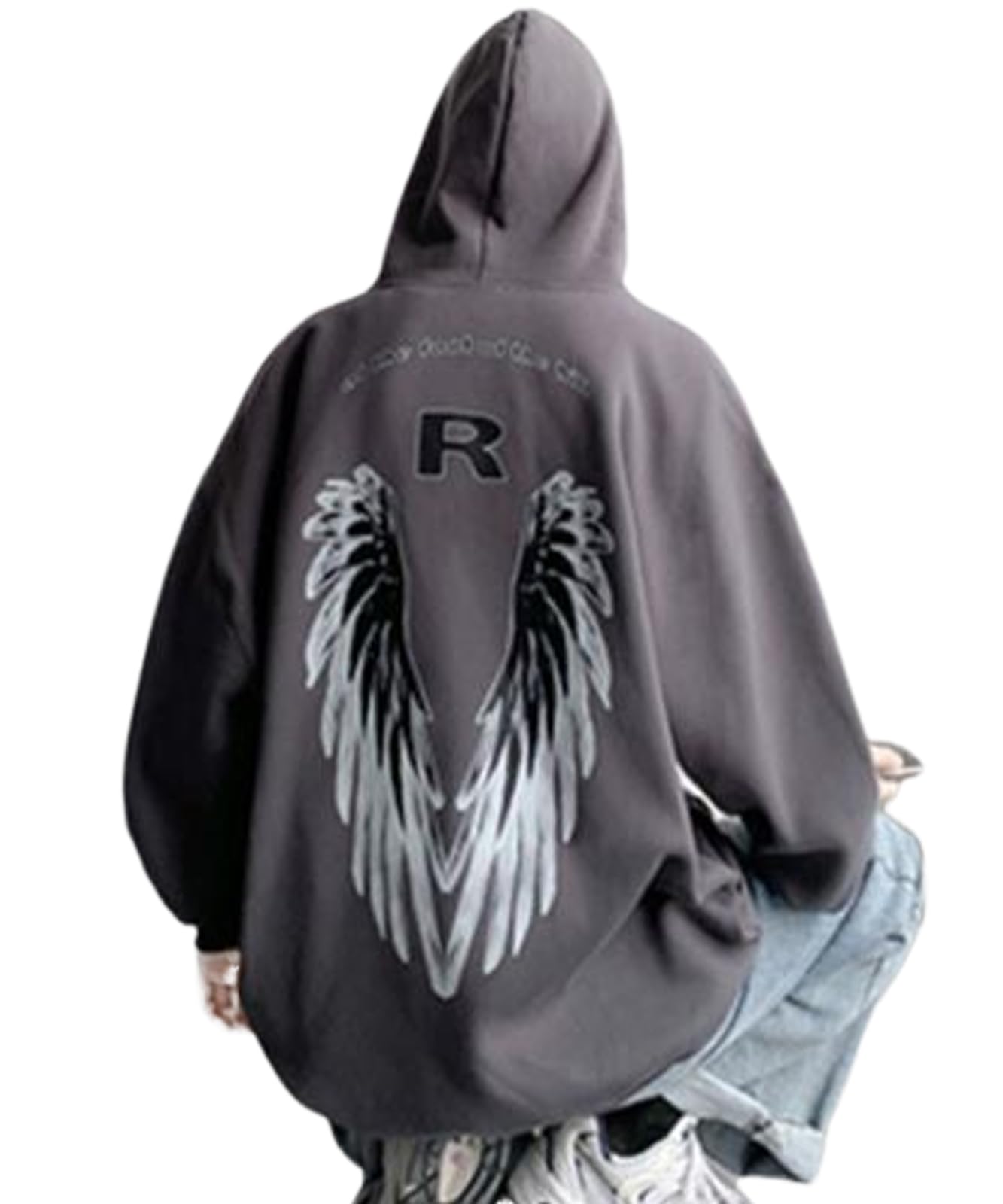 【送料無料】[BLANK BLANC] パーカー フーディー メンズ ビックシルエット 羽 プリント カジュアル ゆったり 秋冬 B05 色：グレー、サイズ：XL
