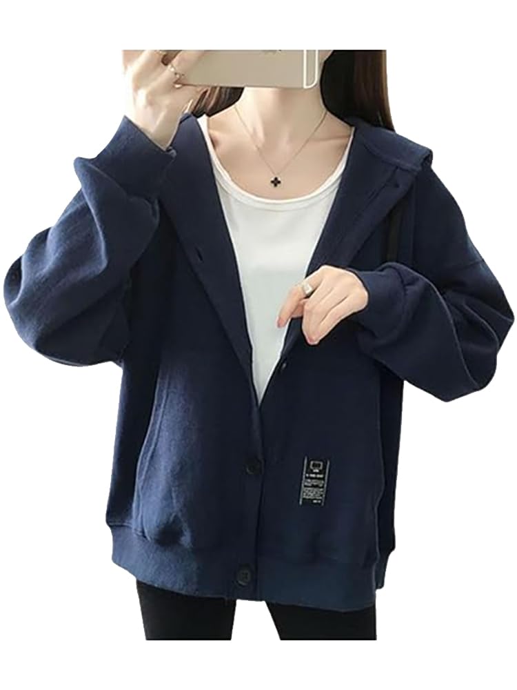 【送料無料】MDMYXJP パーカー レディース 薄手 カジュアルウエア ボタン ゆったり トップス 春秋冬 MD350 色：ネイビー、サイズ：XL