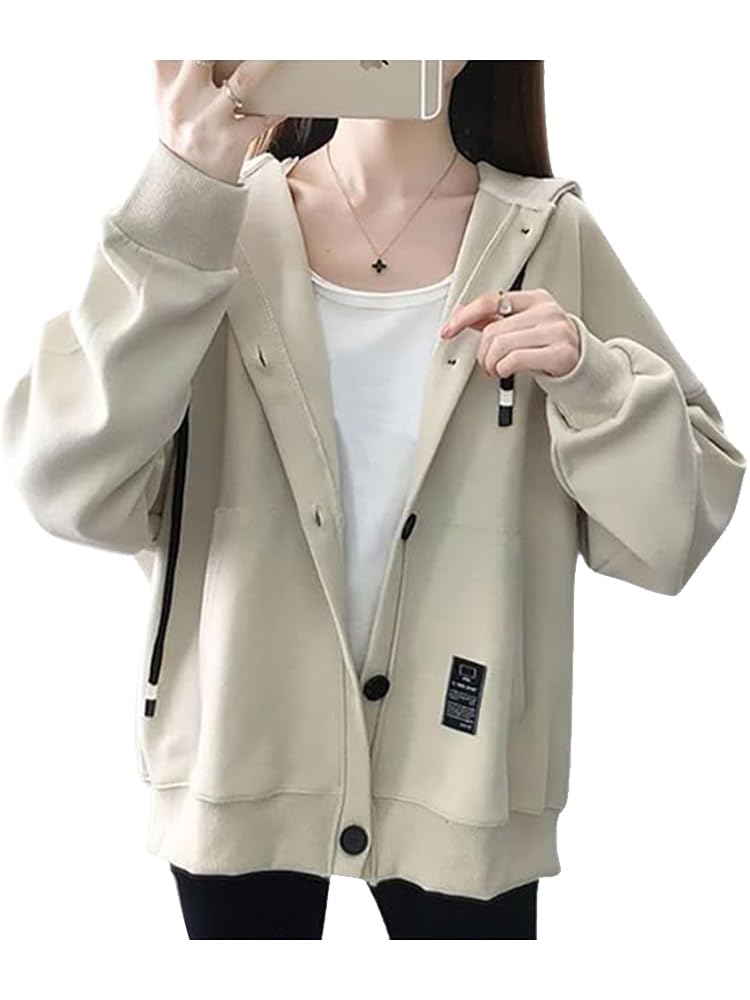 【送料無料】MDMYXJP パーカー レディース 薄手 カジュアルウエア ボタン ゆったり トップス 春秋冬 MD350 色：ベージュ、サイズ：XL