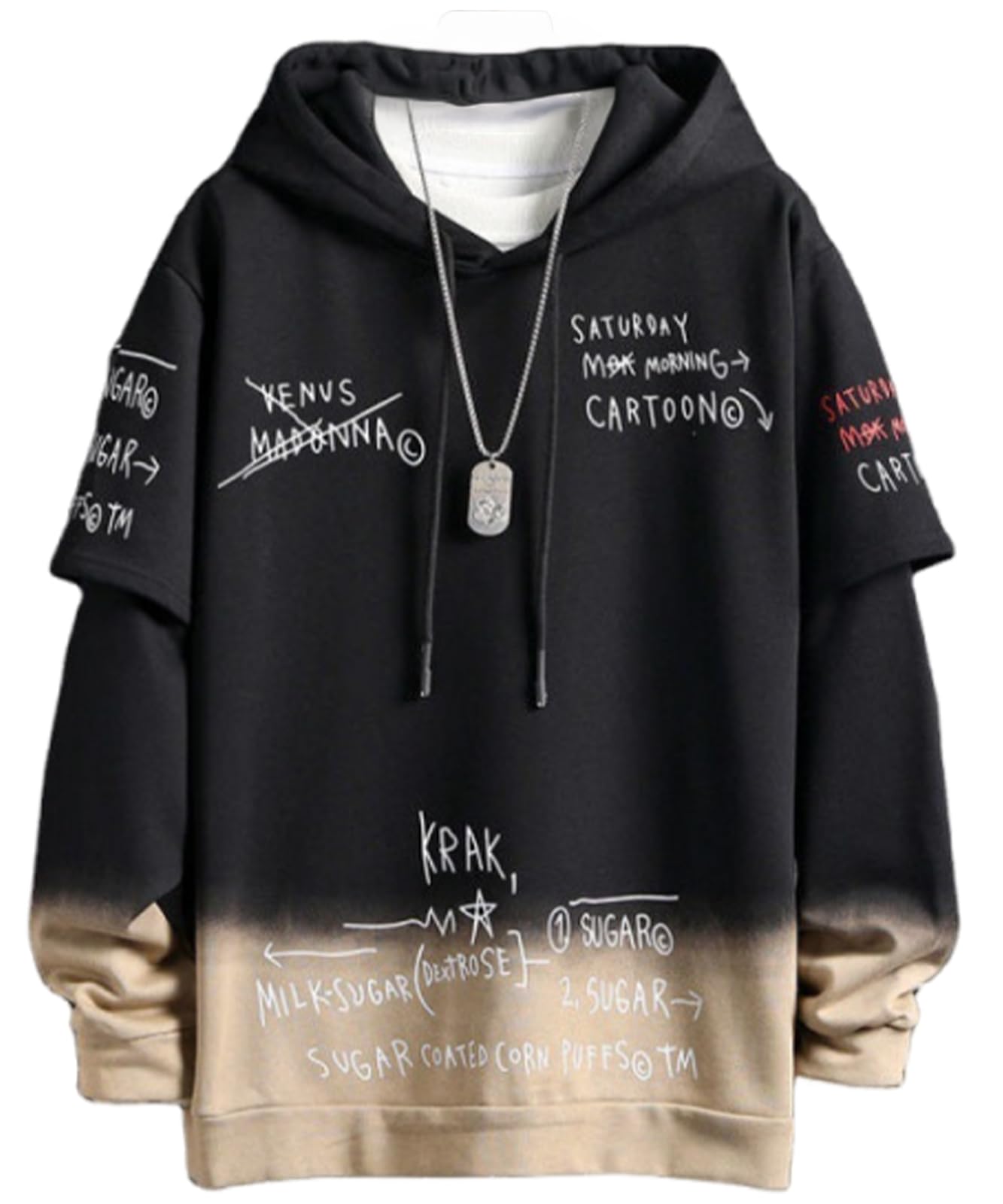 【送料無料】[BLANK BLANC] パーカー メンズ ビックシルエット 落書き 長袖 秋 冬 プルパーカー 暖かい ストリート系 かっこいい アウトドア 個性的 ブラック 5A-B04-BKM 色：ブラック、サイズ：M