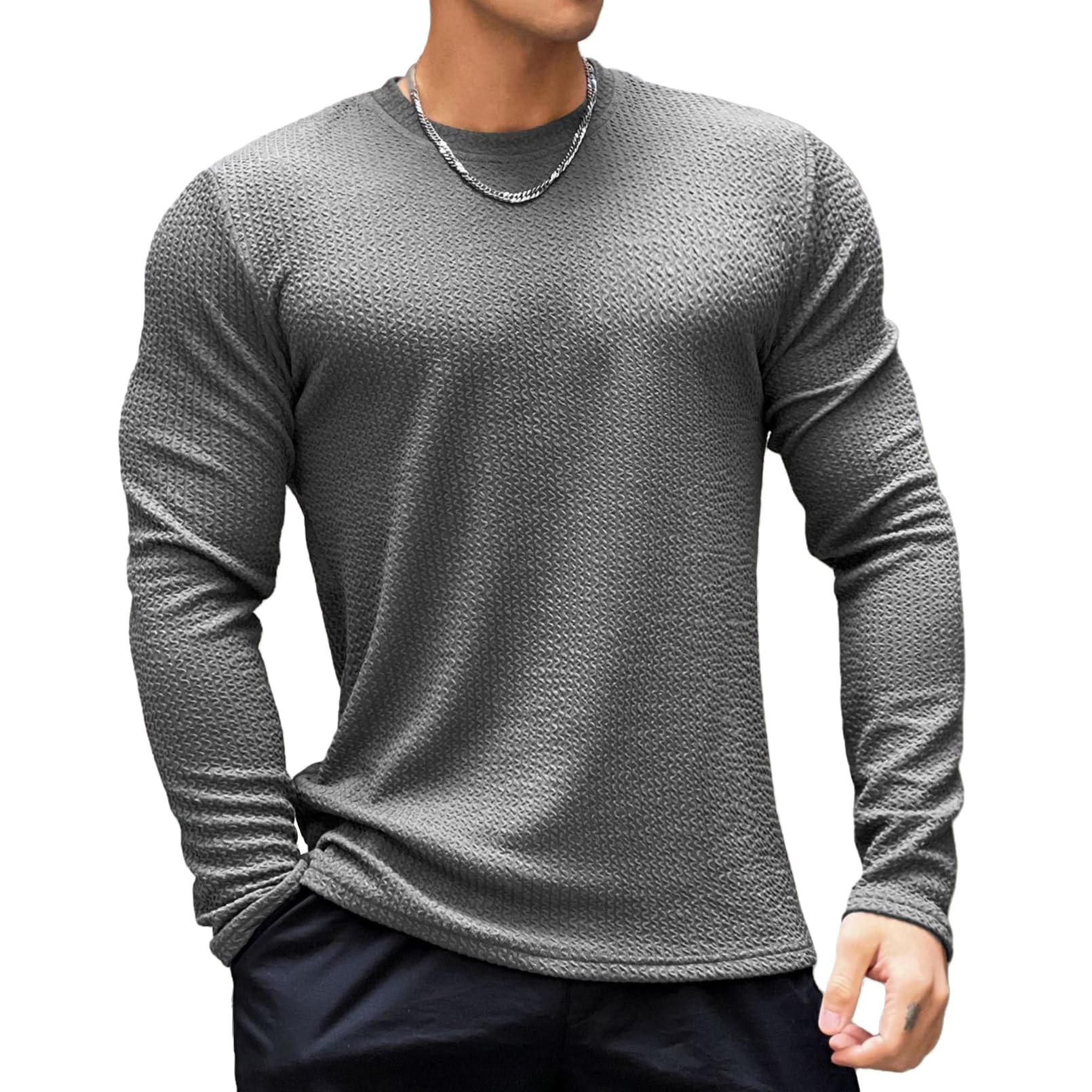 【送料無料】[LVFU] ジムTシャツ メンズ 長袖 スポーツ トレーニングウェア ロングスリーブ プルオーバー スウェットシャツ 丸首 ロングtシャツ ストレッチ素材 インナー 筋トレ ボディビル T-1214 色：グレー、サイズ：2XL