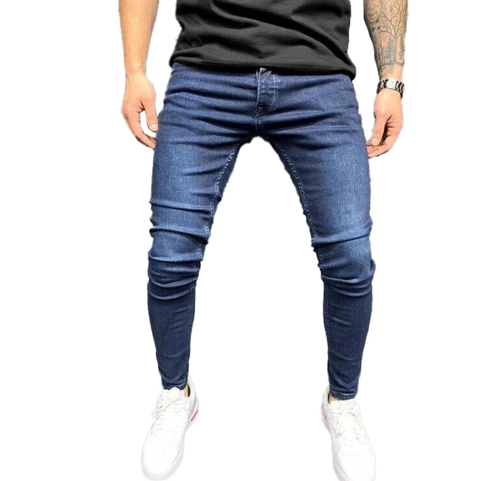 【送料無料】[UUEN] 細めスキニーデニム ストレッチパンツ スリム ジーンズ メンズ デニムパンツ 細身 タイト スキニージーンズ デニム 色：ダークブルー、サイズ：M