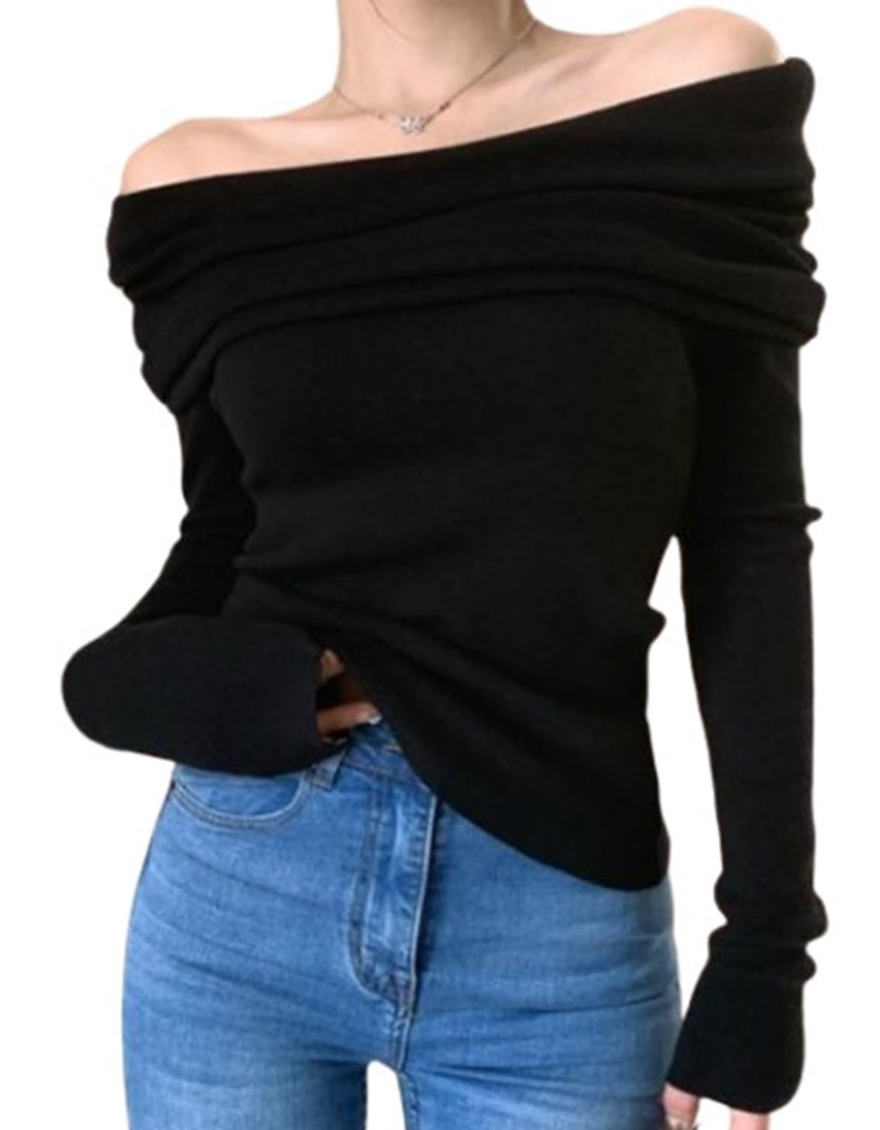 【送料無料】[toasoa] オフショルダー トップス 長袖 肩出し ニット レディース たっぷり ケープ 風 色：ブラック、サイズ：M