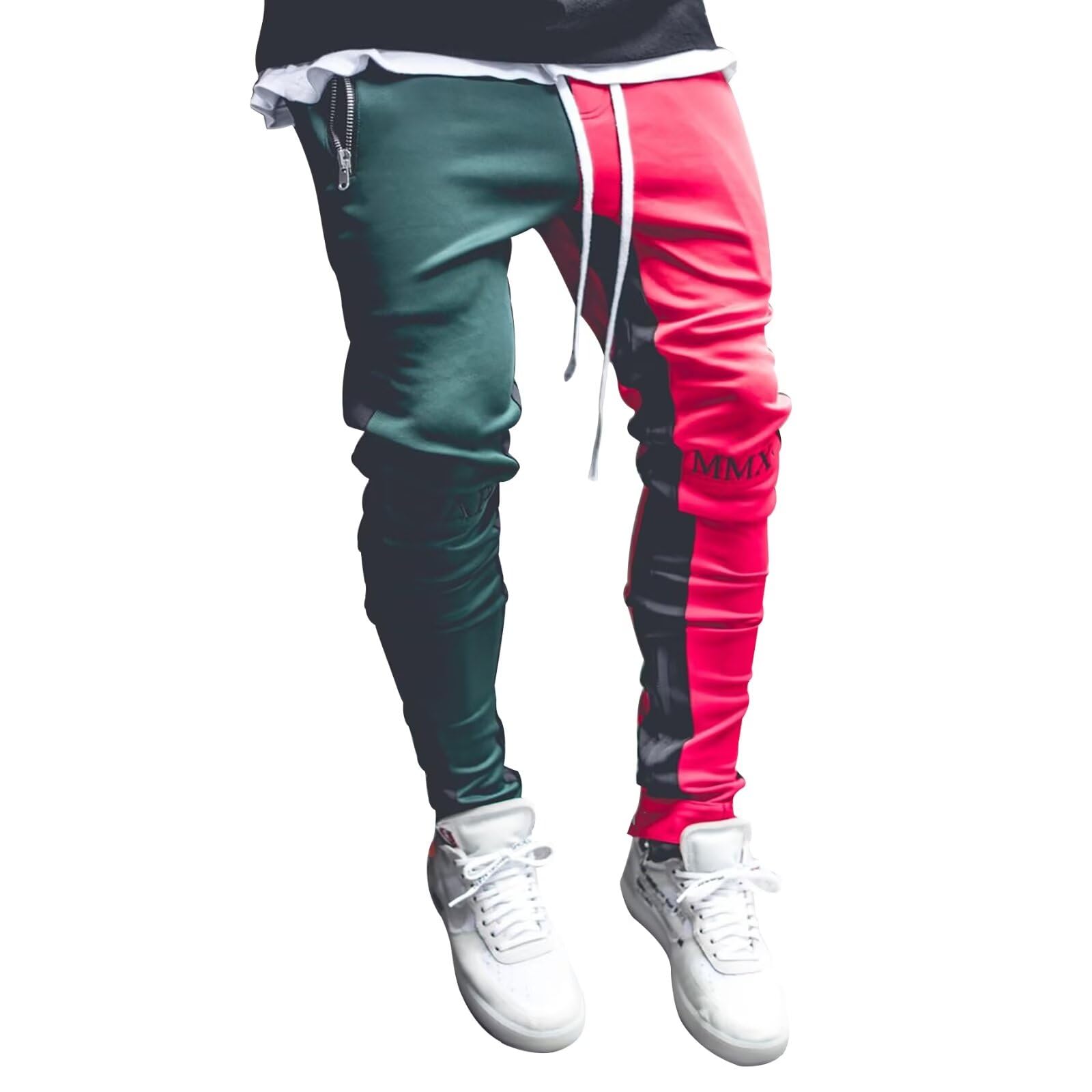 【送料無料】[UUEN] ジョガーパンツ メンズ ロングパンツ バイカラー ジム フィットネス ラインパンツ ストレッチ 筋トレ アウトドア カジュアル 色：グリーン+レッド、サイズ：L