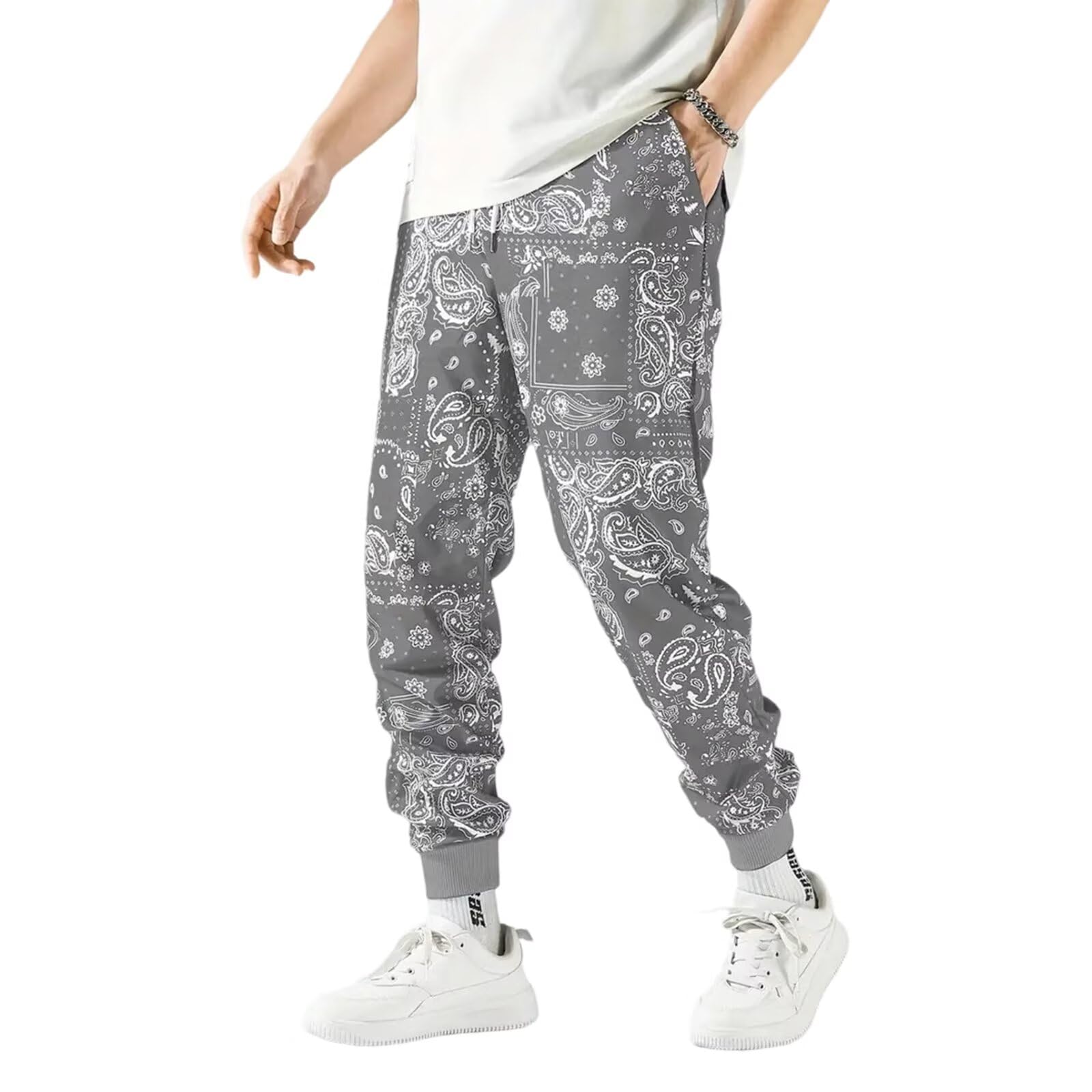 【送料無料】[UUEN] メンズ ハーレムパンツ ペイズリー柄 カジュアル ストリートウェア ヒッピー ヨガパンツ 色：GY、サイズ：M