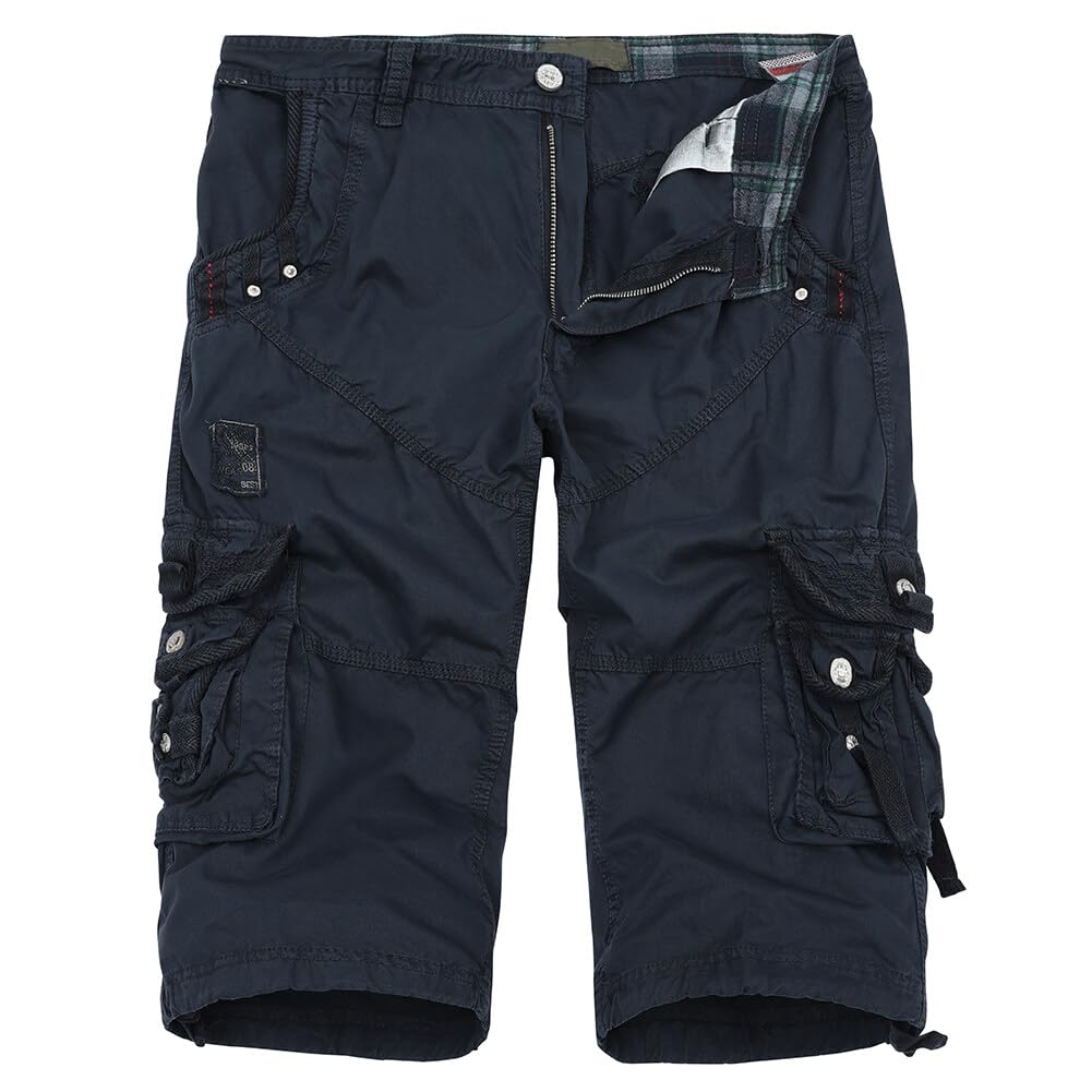 【送料無料】[AOWOFS] カーゴショートパンツ メンズ 短パン 五分丈 無地 カジュアル ゆったり ワイドパンツ 綿 通気性 夏 部屋着ズボン ポケット多い 6色大きいサイズ 色：ネイビーブルー、サイズ：30