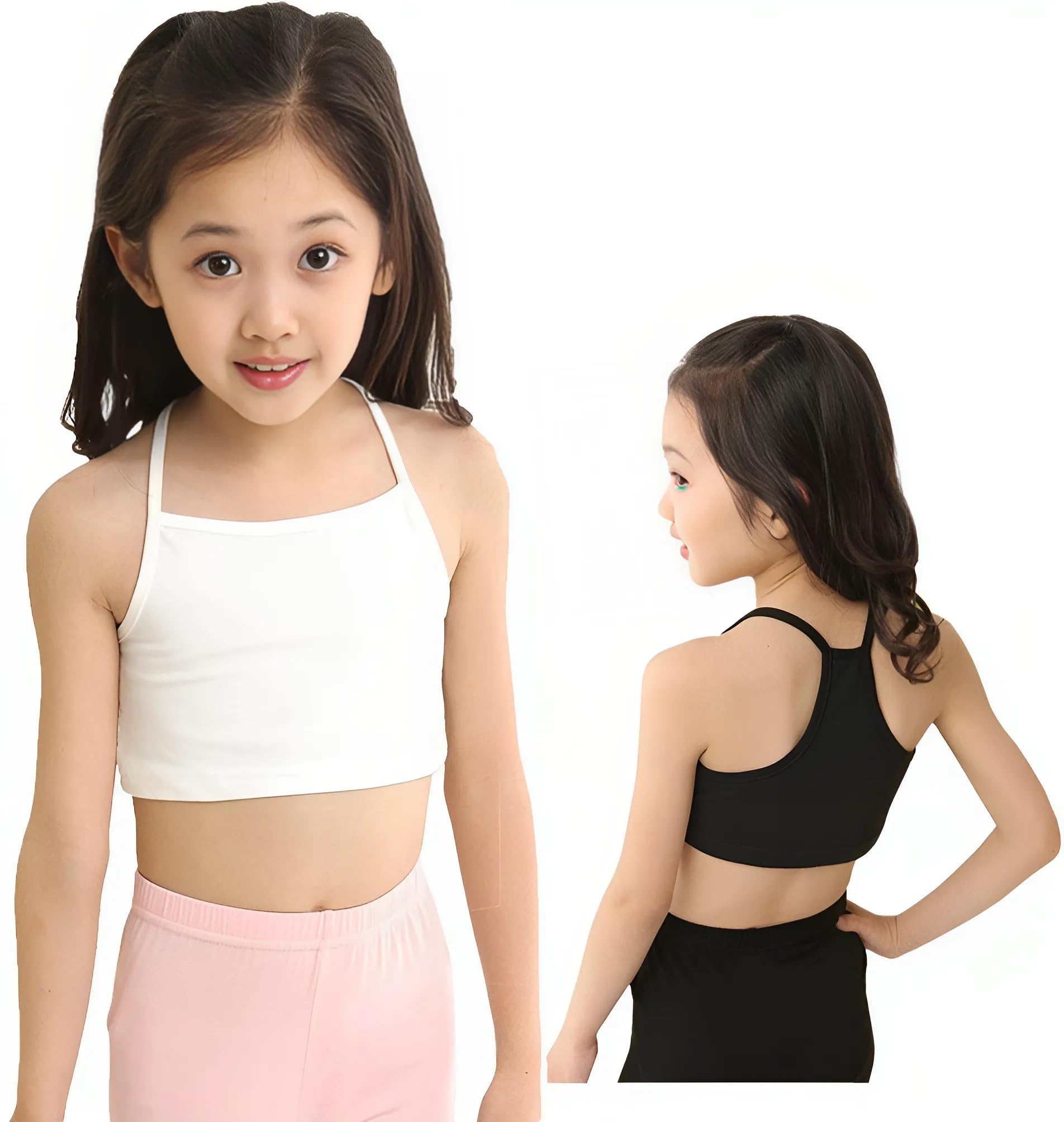 【送料無料】[InSomila] [インソミラ] 子供服 2着セット ハーフトップ タンクトップ キッズ 女の子 ダンス ヒップホップ スポーツ インナー 小学校 重ね着 キャミソール 黒 白 色：A黒+白、サイズ：150