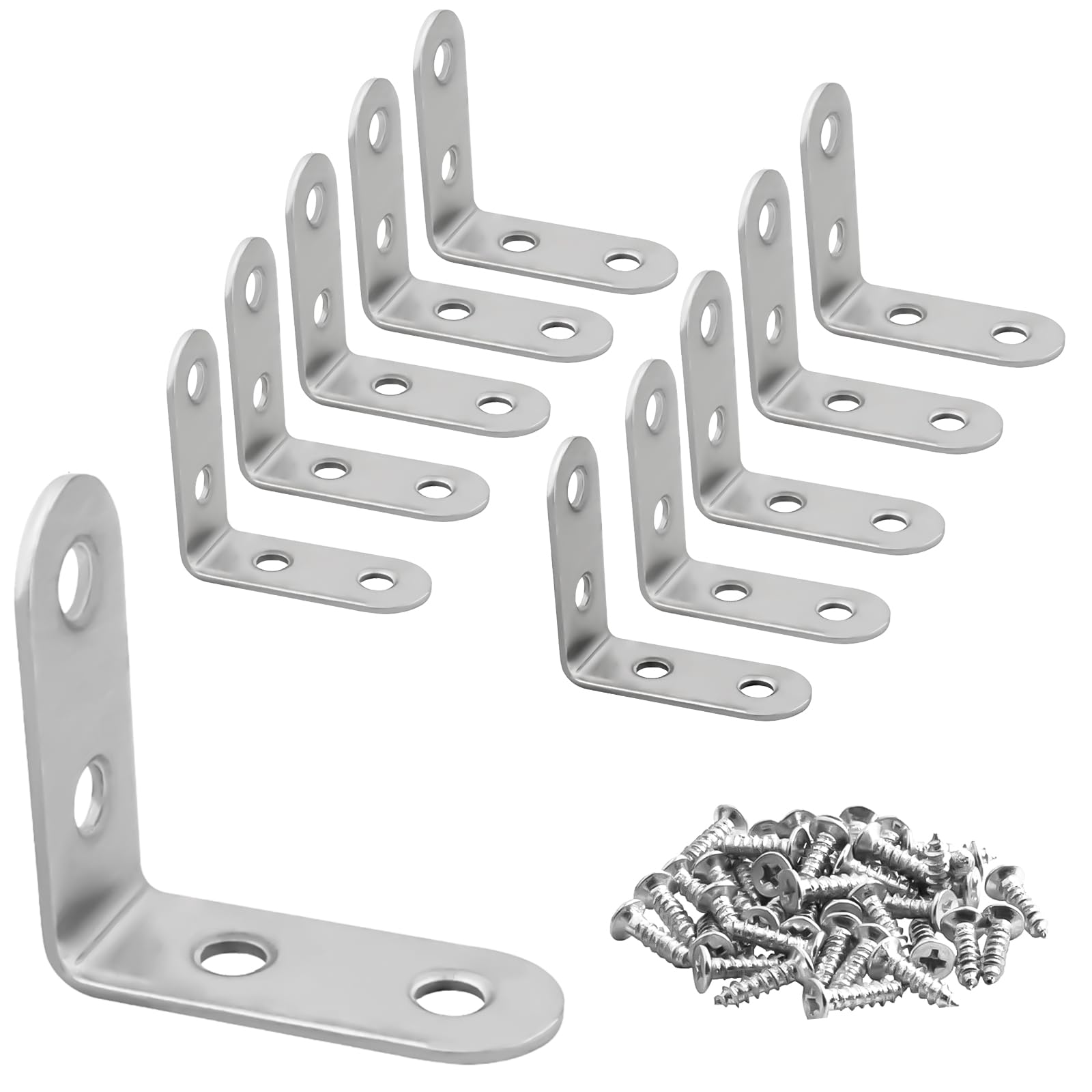 【送料無料】T&B 10個 セット アングルブラケット 50mm 棚受け ステンレス L字 転倒防止 補強 金具 ネジ付き 厚さ2mm 黒 色：ブラック/銀色、サイズ：40*40*2mm-銀色