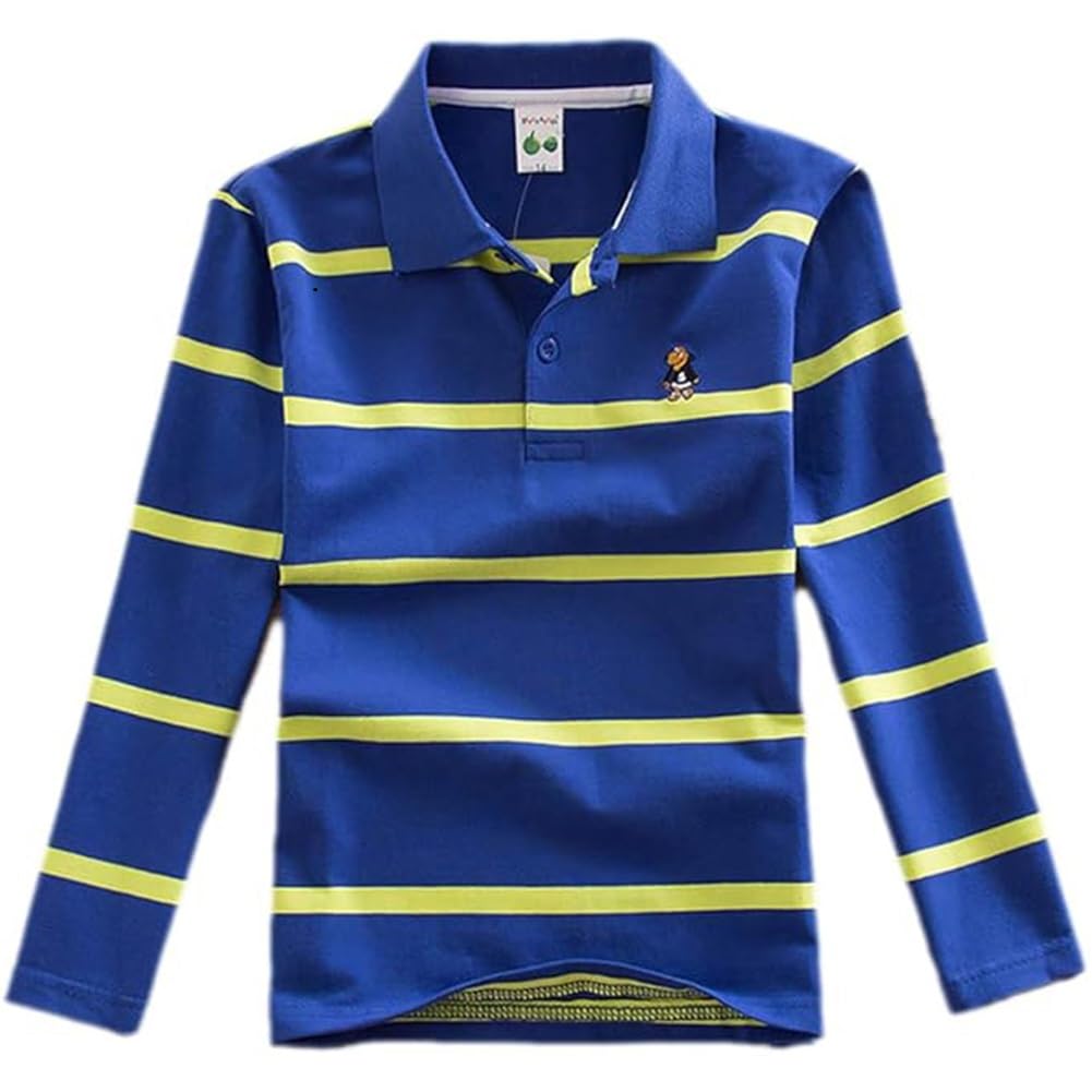 【送料無料】[YUEGUANG] 子供服 男の子 ポロシャツ 長袖 シャツ 秋 ボーダー柄 折り襟 キッズ Tシャツ スクール ジュニア 学生 高校生 お受験 着心地がいい 色：ブルー、サイズ：130