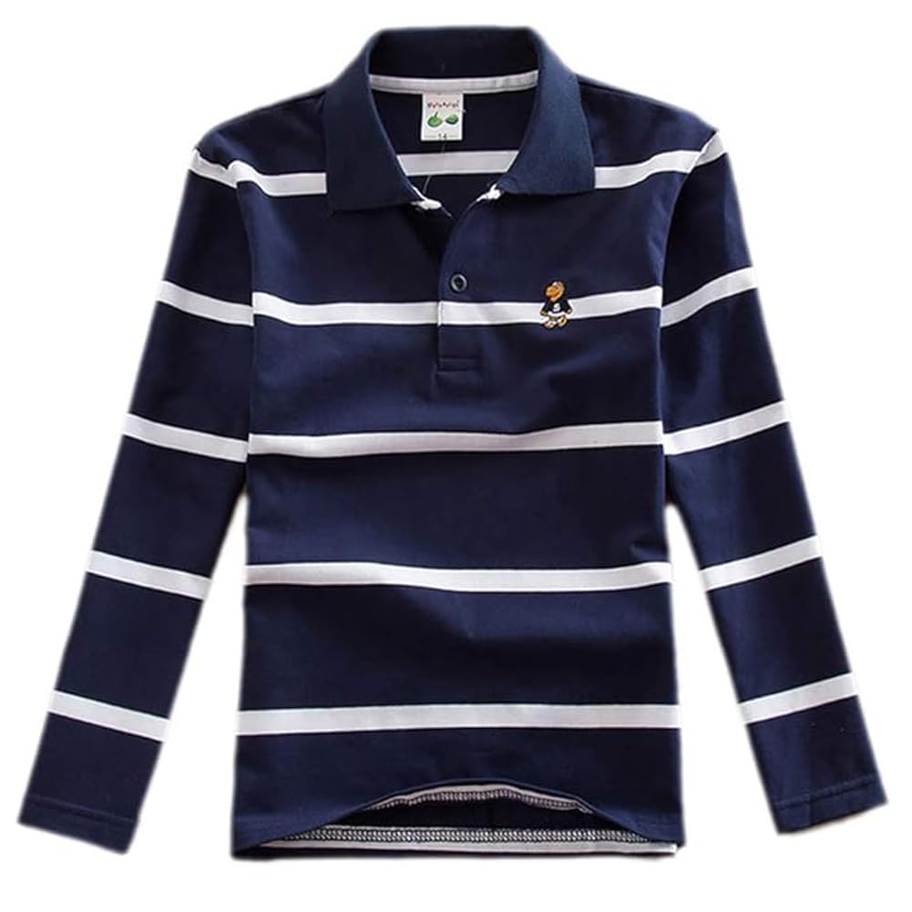 【送料無料】[YUEGUANG] 子供服 男の子 ポロシャツ 長袖 シャツ 秋 ボーダー柄 折り襟 キッズ Tシャツ スクール ジュニア 学生 高校生 お受験 着心地がいい 色：ネイビー、サイズ：150