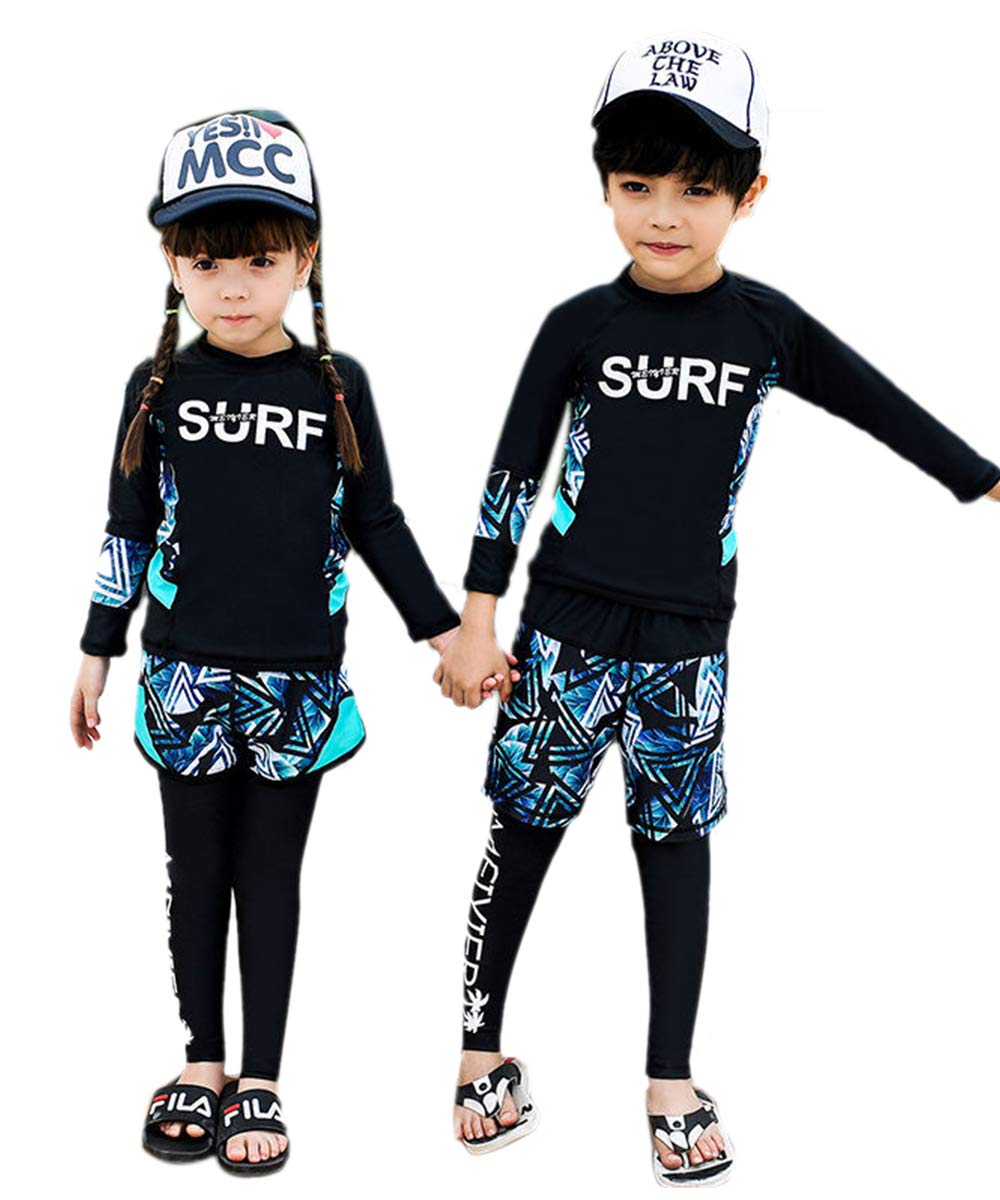 【送料無料】[YUEGUANG] キッズ 水着 セパレート長袖 UVカット 日焼け止め 男の子 女の子 3点セット ラッシュガード ジュニア 水遊び ビーチ プール 110-160cm 色：boy-3点セット、サイズ：160