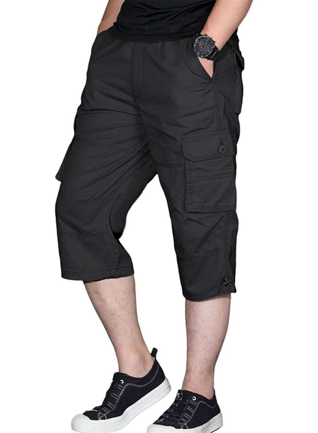 【送料無料】ODFMCE カーゴパンツ メンズ 7分丈 無地 ハーフパンツ 夏 綿 おしゃれ ゆったり 大きいサイズ 色：ブラック、サイズ：XL