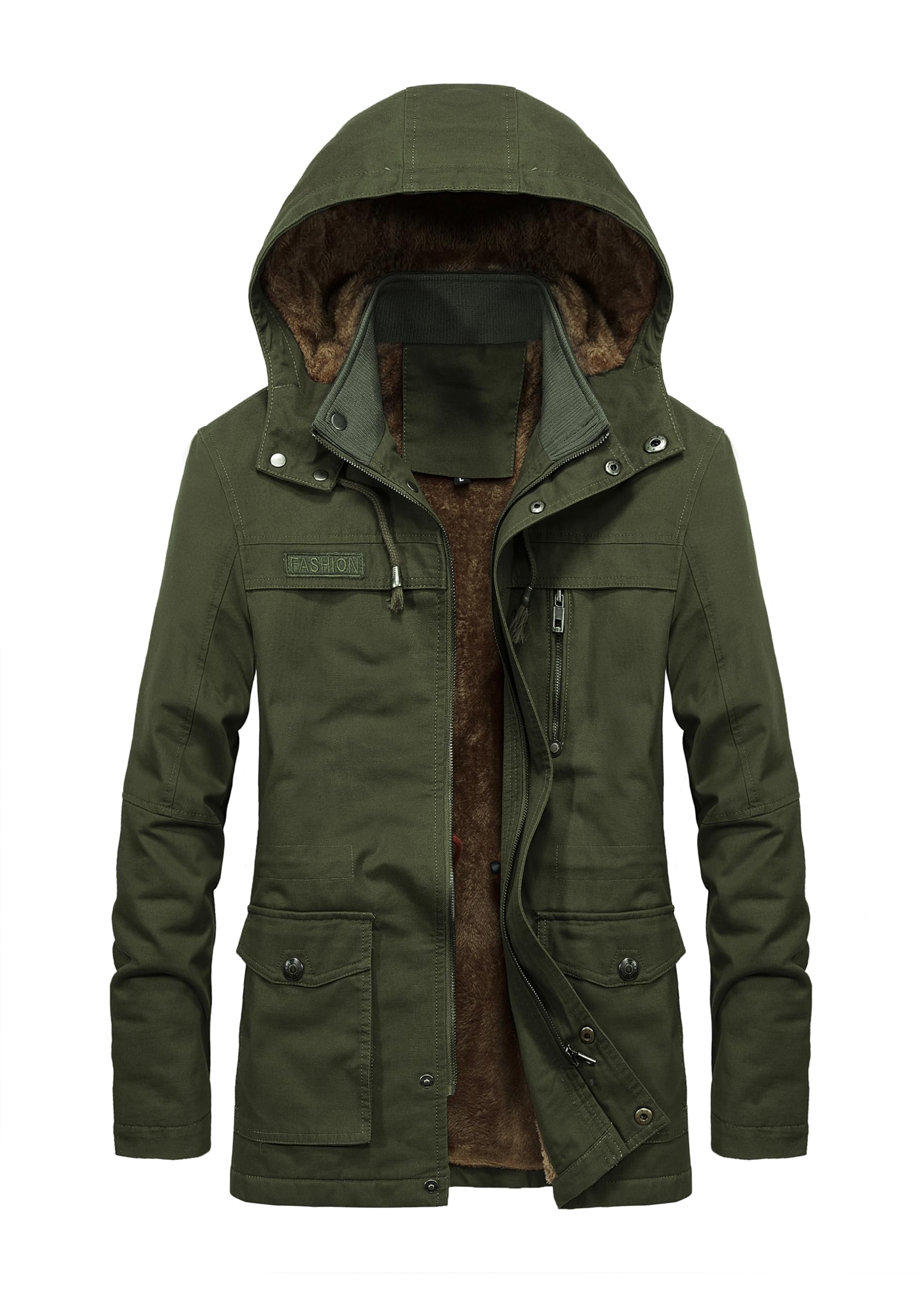 【送料無料】[InnoBase] メンズ ジャケット コート ミリタリージャケット マウンテンパーカー 裏ボア ジャンパー ブルゾン ハーフ丈 フード付き 着脱可 防寒 防風 厚手 カジュアル 秋 冬 アウトドア おしゃれ 色：オーリブ、サイズ：4XL