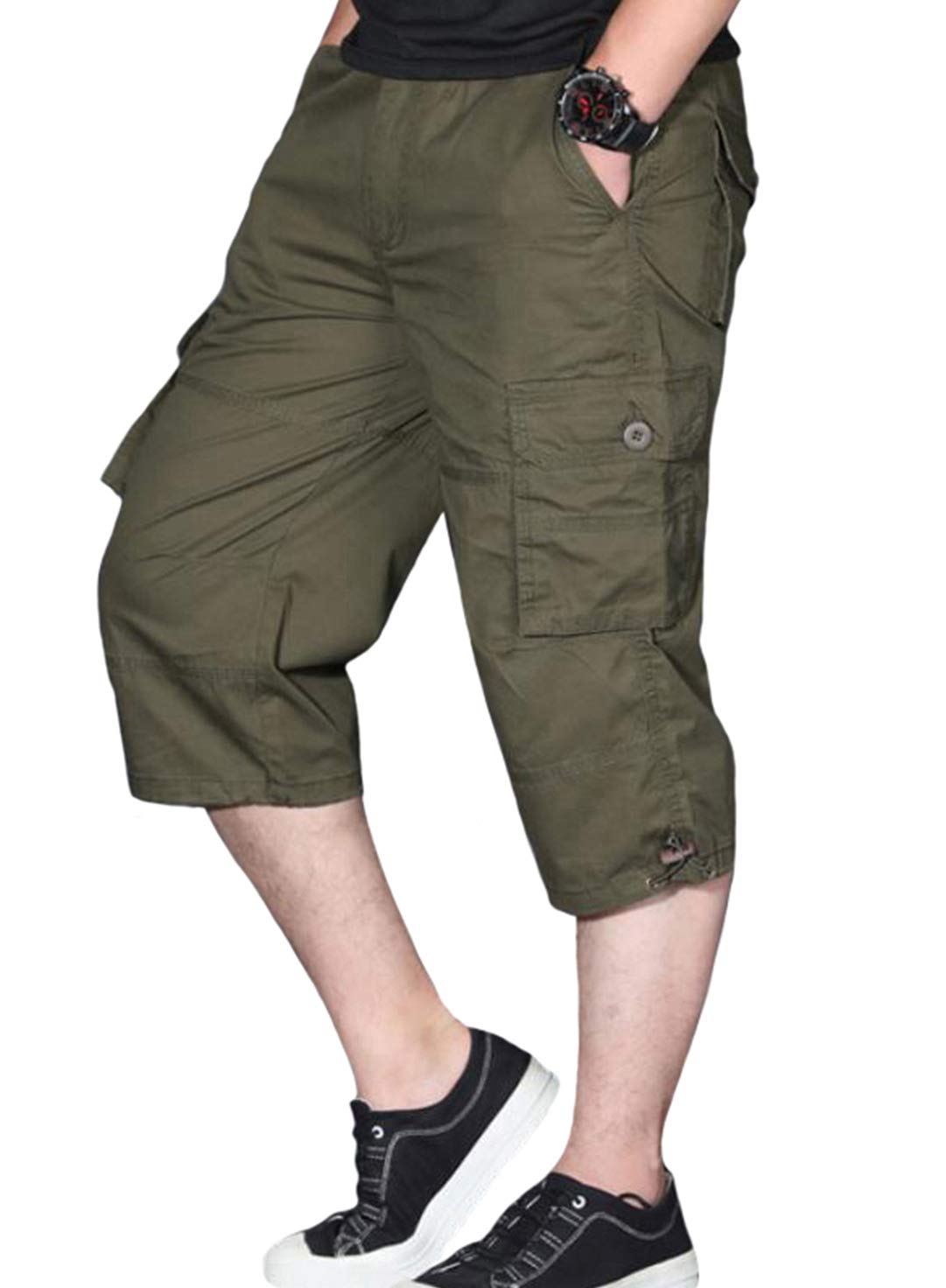 【送料無料】ODFMCE カーゴパンツ メンズ 7分丈 無地 ハーフパンツ 夏 綿 おしゃれ ゆったり 大きいサイズ 色：グリーン、サイズ：4XL