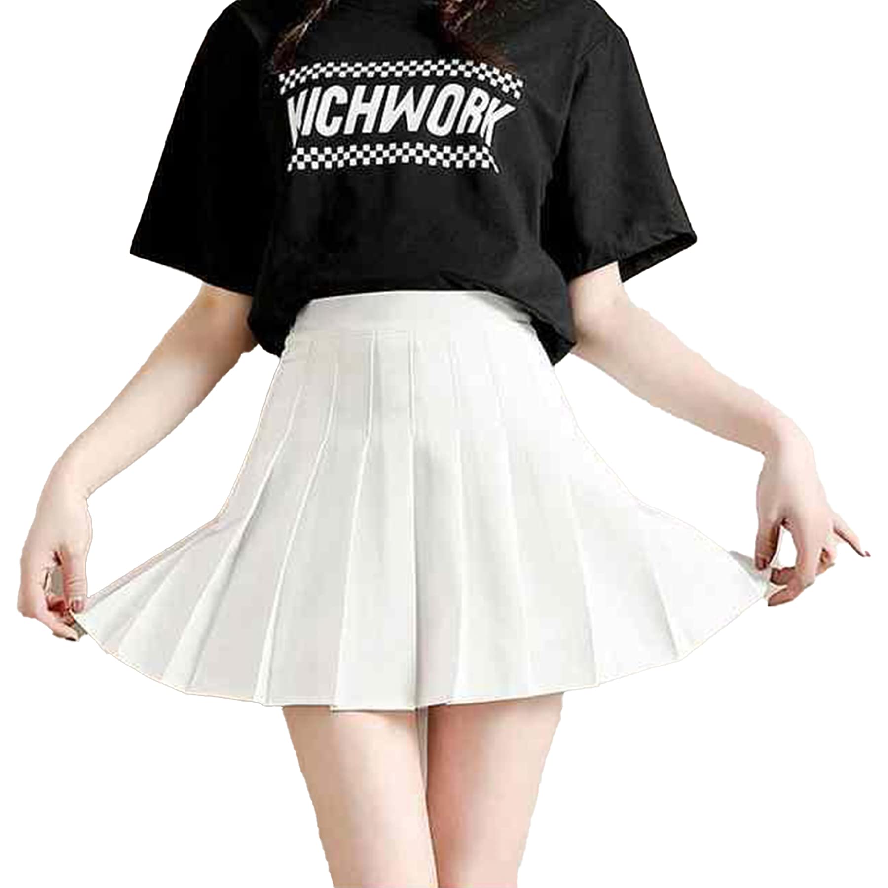 【送料無料】[HDONYUI] 制服スカート プリーツ ミニ Aライン フレア インナー付き ひざ丈 無地 ハイウェスト コスチューム 卒業式 通学 テニス ゴルフ 色：ホワイト、サイズ：M