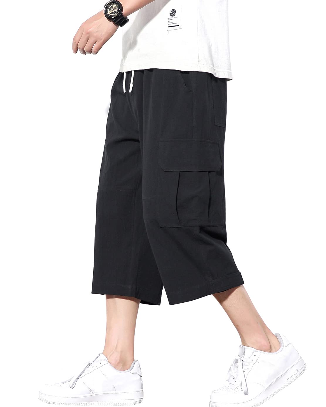 【送料無料】ODFMCE サルエルパンツ メンズ 夏 7分丈 ハーフパンツ ゆったり 無地 綿麻 おしゃれ 大きいサイズ 色：ブラック、サイズ：2XL
