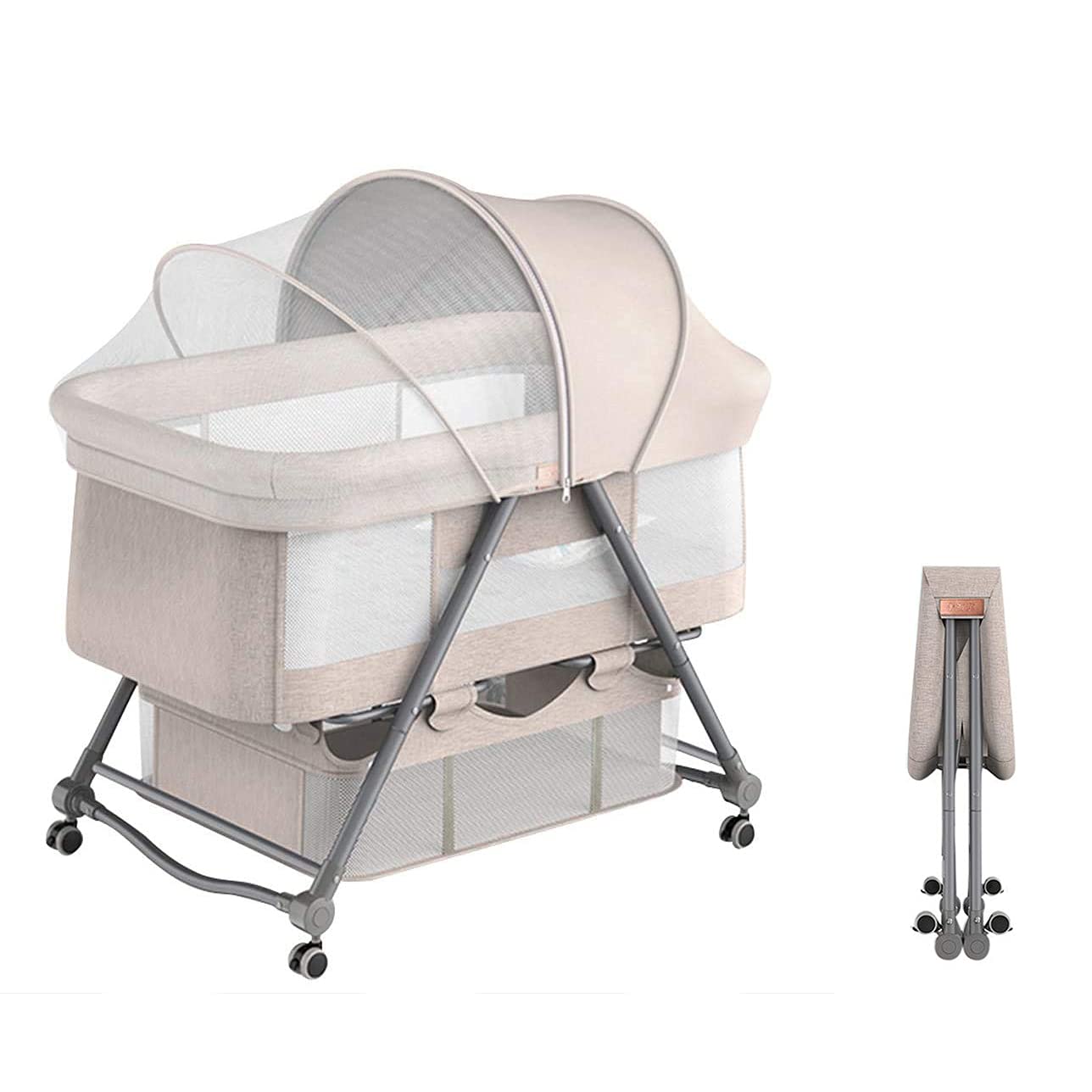商品情報商品の説明主な仕様 「製品仕様」セット内容：本体。適用年齢：0ヶ月~24ヶ月 素材:アルミ合金＋綿＋メッシュ重さ:7.5kg サイズ：93×55×77cm 折りたたみ時 78×55×17cmbr「組み立てと移動が簡単」必要なツールはありません、女性でも一人で組み立て可能です。ベッドには移動に便利な車輪がついていますので、キッチンからリビングルームなどへ、ベッドルームにバシネットを簡単に移動させることが出来ます。「ゆりかごに変身可能」ベビーベッドがグレードアップ! 全ての車輪を取り外すことができ、ベビーバシベッドはベビークレードルに変身し、赤ちゃんを落ち着かせて眠らせることができます。「多機能」1.揺籃に変身可能。2.大容量な収納かごつき、小物収納便利。3.キャスターとブレーキ付き、移動便利。4.四段階高さ調節可能。5.カバーを外して洗濯可能。ベッドは少し傾き、新生児に対してミルクの吐くことを防ぐことができます。「耐用と洗濯可能」本ベビーベッドのフレームは、ベッドの下に強化されたフレームで、強く、頑丈なアルミニウムから製ですので、ひっくり返ったり、倒されることはありません。カバーは上質の亜麻を採用されていて丸洗いできます。