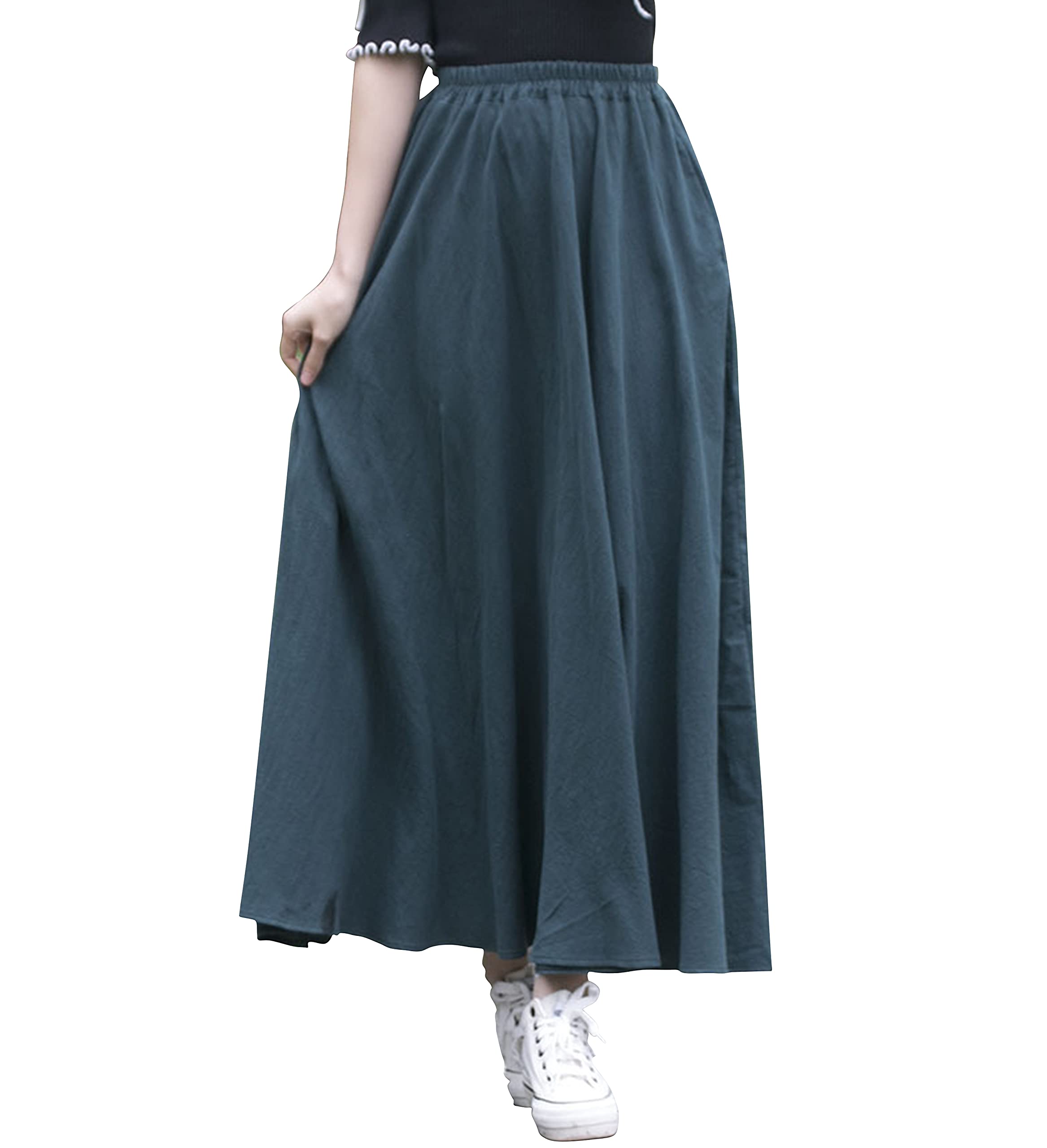 【送料無料】[syvent] レディース ロング フレア スカート ウエスト ゴム 無地 マキシ 綿100％ ボトム..
