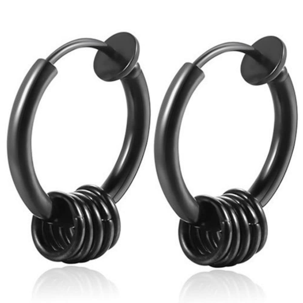 【送料無料】swars フェイクピアス ノンホールピアス イヤリング 両耳用 セット ユニセックス 5連リング フープ 色:ブラック、サイズ:18mm