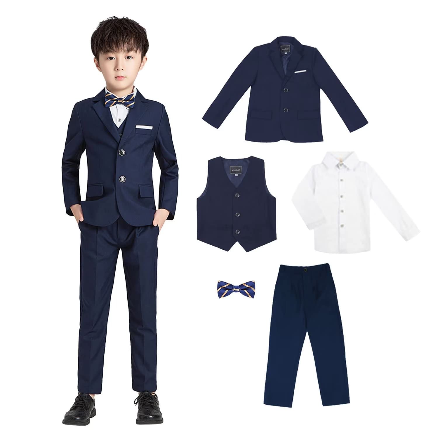 【送料無料】[WEEN CHARM] 男の子 フォーマルスーツ 子供 スーツ ボーイズ チエック柄 キッズ 千鳥柄 5点セット 発表会 七五三 結婚式 かっこいい 入学式 卒業式 90~150 色：ネイビー（5点セット）無地、サイズ：140