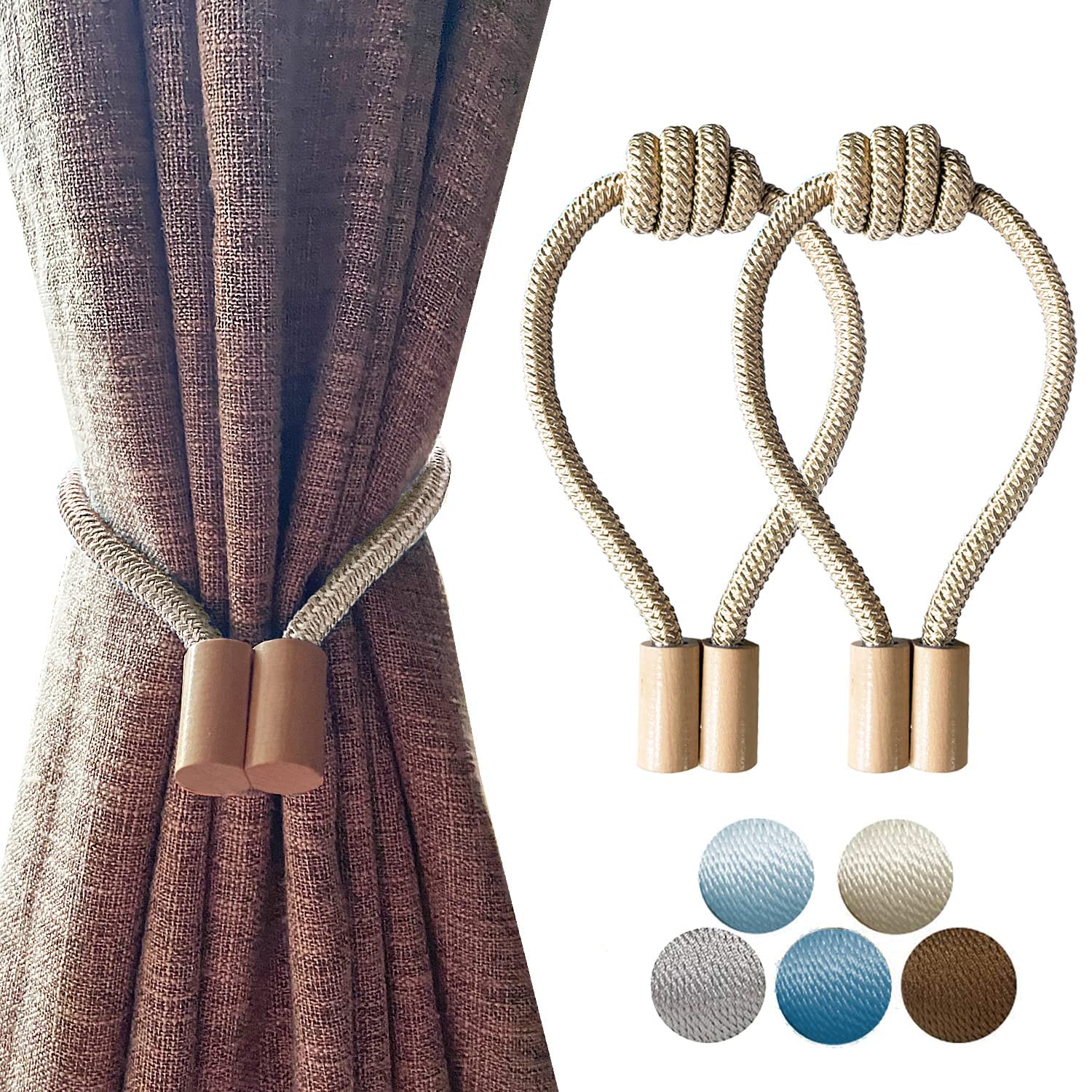 【送料無料】LQI 木造 カーテン タッセル マグネット カーテンアクセサリー カーテン止め 2個セット カーテン飾り 色：ベージュ、サイズ：46cm
