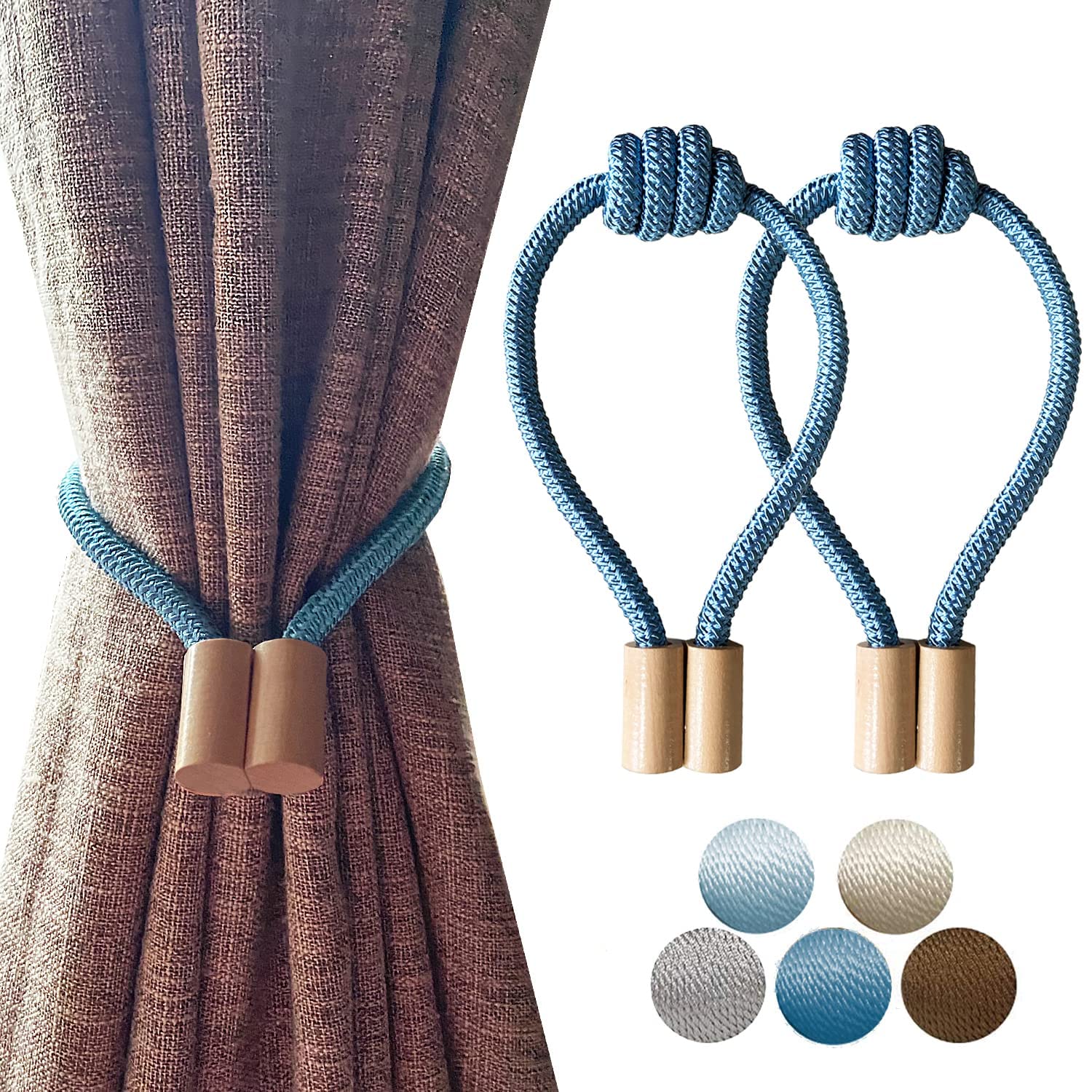 【送料無料】LQI 木造 カーテン タッセル マグネット カーテンアクセサリー カーテン止め 2個セット カーテン飾り 色：ブルー、サイズ：46cm