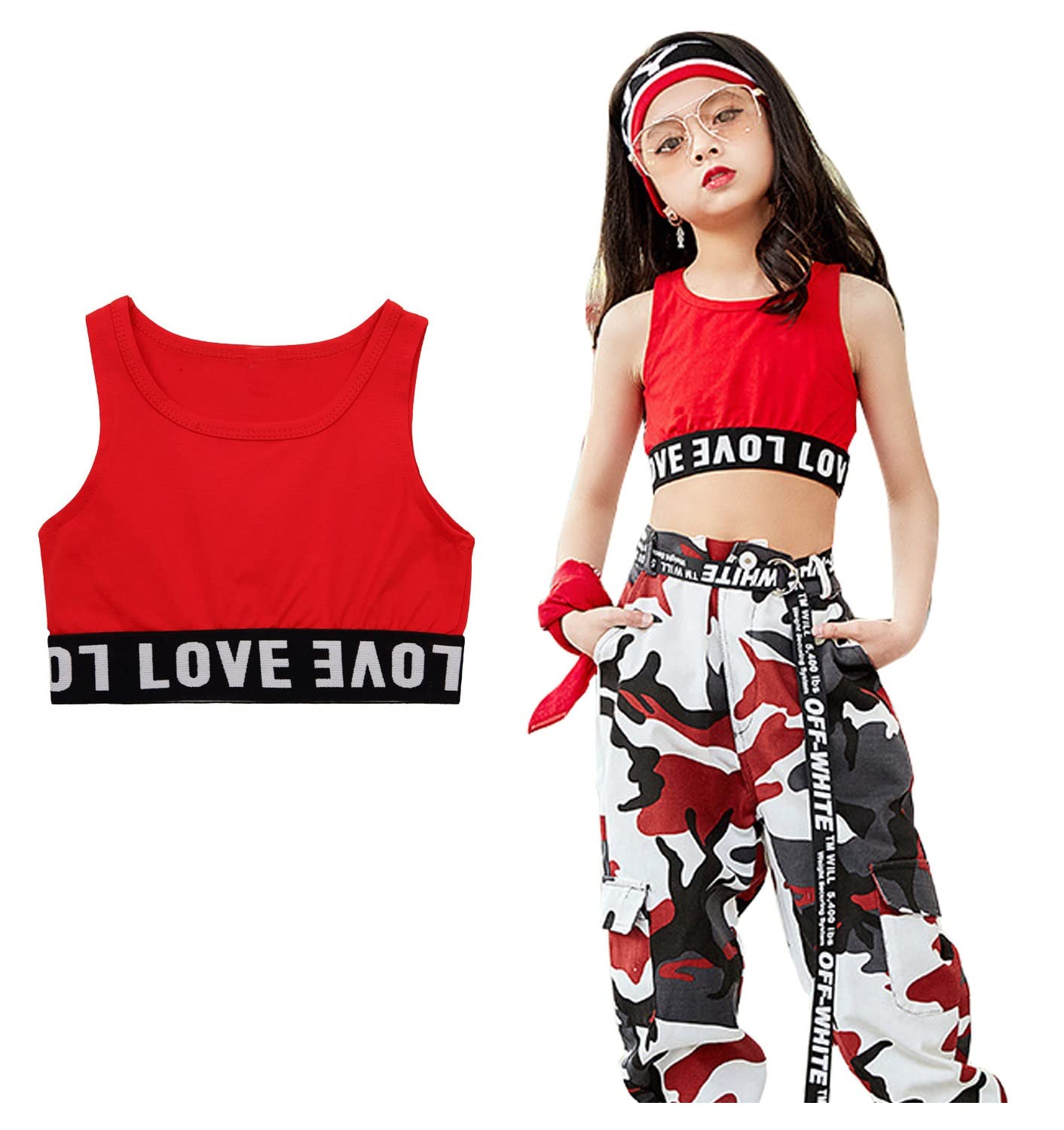 【送料無料】[ZGKULAEAOW] タンクトップ キッズ 女の子 ダンス ハーフトップ 子供服 ヒップホップ スポーツ ステージ衣装 小学校 重ね着ロゴチューブトップ 黒 色：レッド、サイズ：110