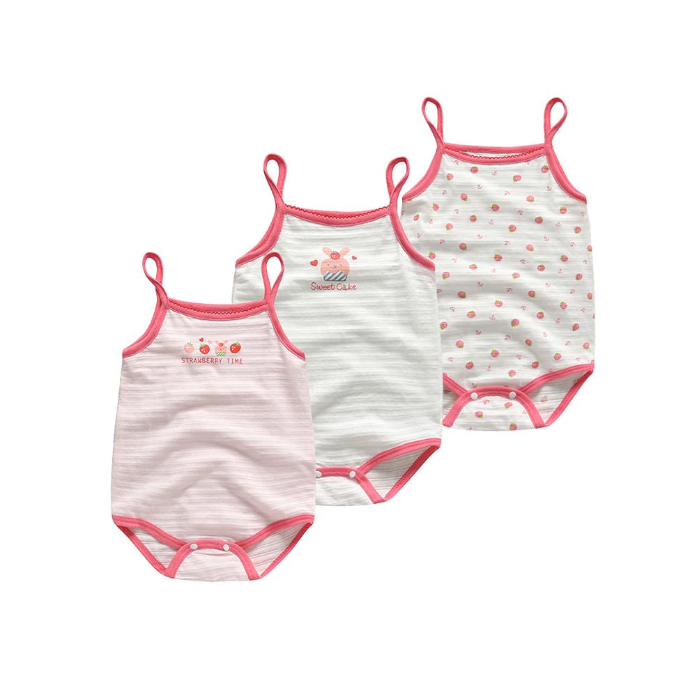【送料無料】Baby Koiベビー服 三枚組 キャミソール ロンパース 肌着 夏 カバーオール ボディシャツ女の子 色：イチゴ柄ピンク、サイズ：95cm（24ヶ月）