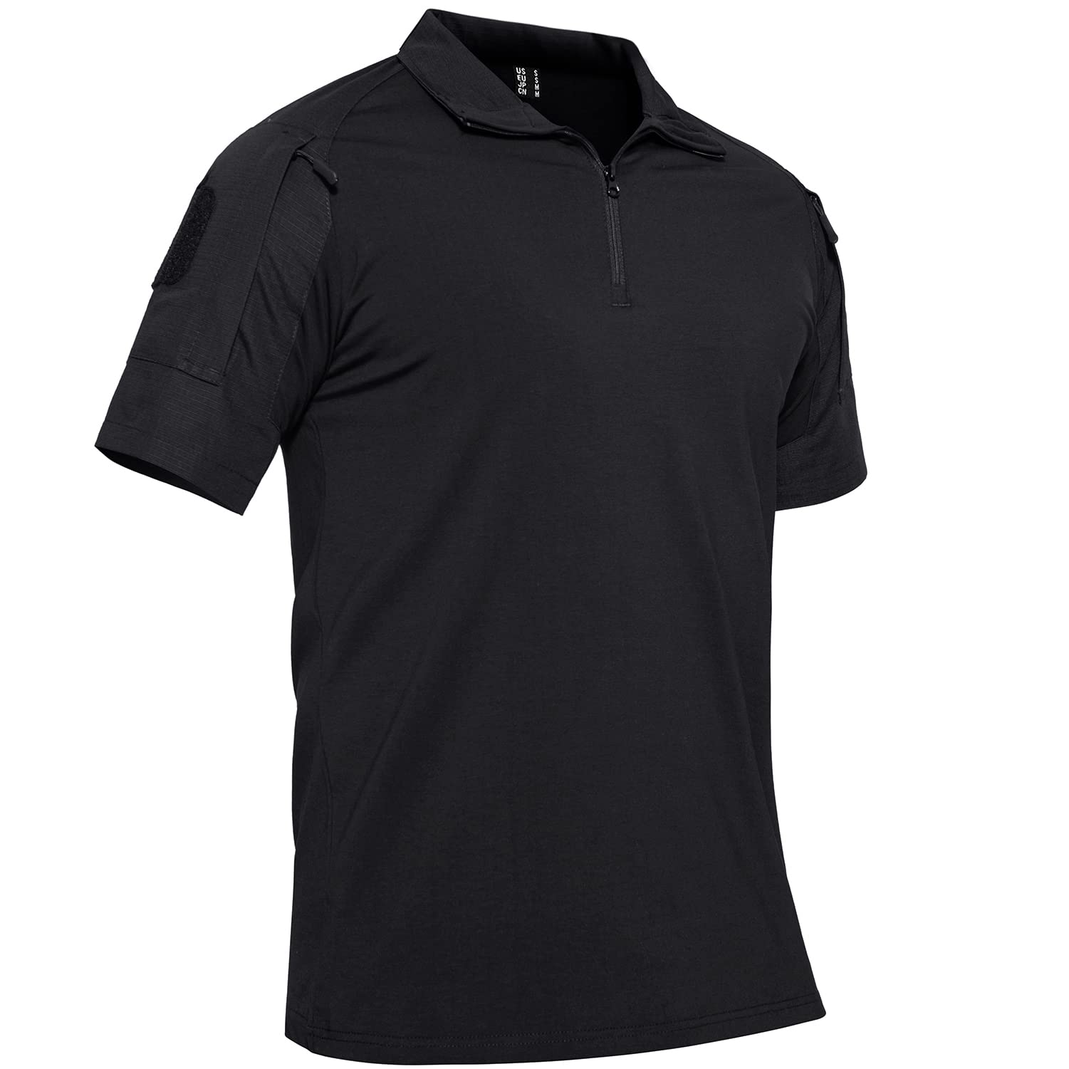 【送料無料】[TACVASEN] メンズ アウトドア タクティカル 半袖 折り襟 コンバット ミリタリー シャツ 軽量 通気性 多機能 ハーフジップ ポロシャツ サバゲー 戦闘服 夏 色：ブラック、サイズ：L