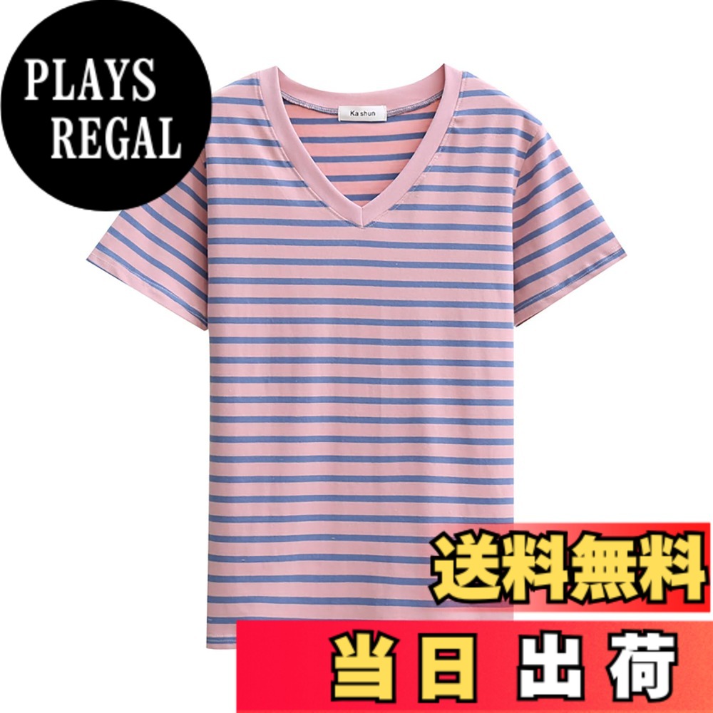 【送料無料】[zuevichn] レディース 半袖 Tシャツ vネック トップス カジュアル ストライプ 夏服 ボーダー カットソー 薄手 ゆったり 綿 色：ピンク、サイズ：M