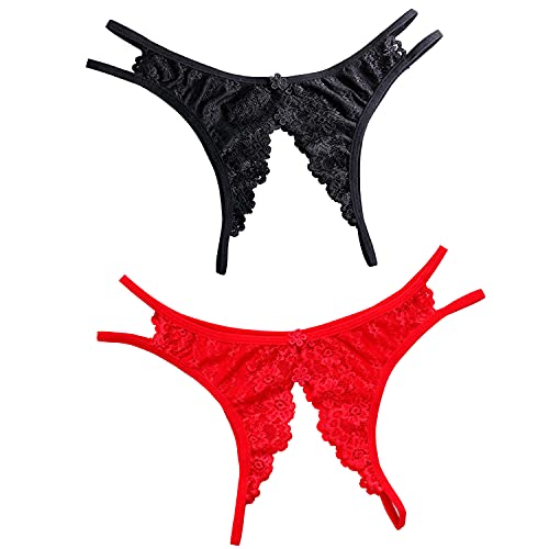 【送料無料】[Byuuu] レース パンティ 穴あき オープンクロッチ Tバック 過激 ショーツ えろい下着 股割れ セクシーレディース 情趣下着 極薄 ランジェリー 色：2枚組（ブラック/赤）、サイズ：Free Size