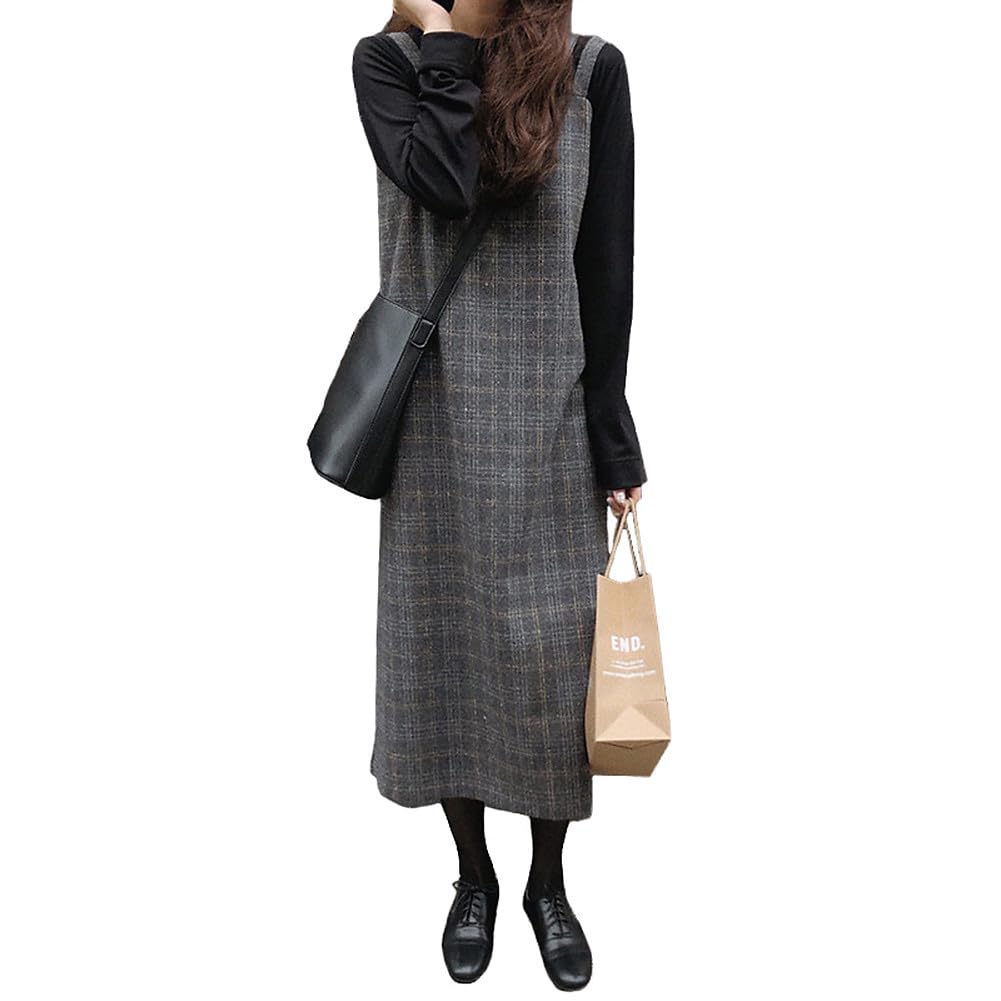 【送料無料】[Bolan　Verl] チェック柄 ジャンパースカート ロング ノースリーブ ワンピース 重ね着 レ..