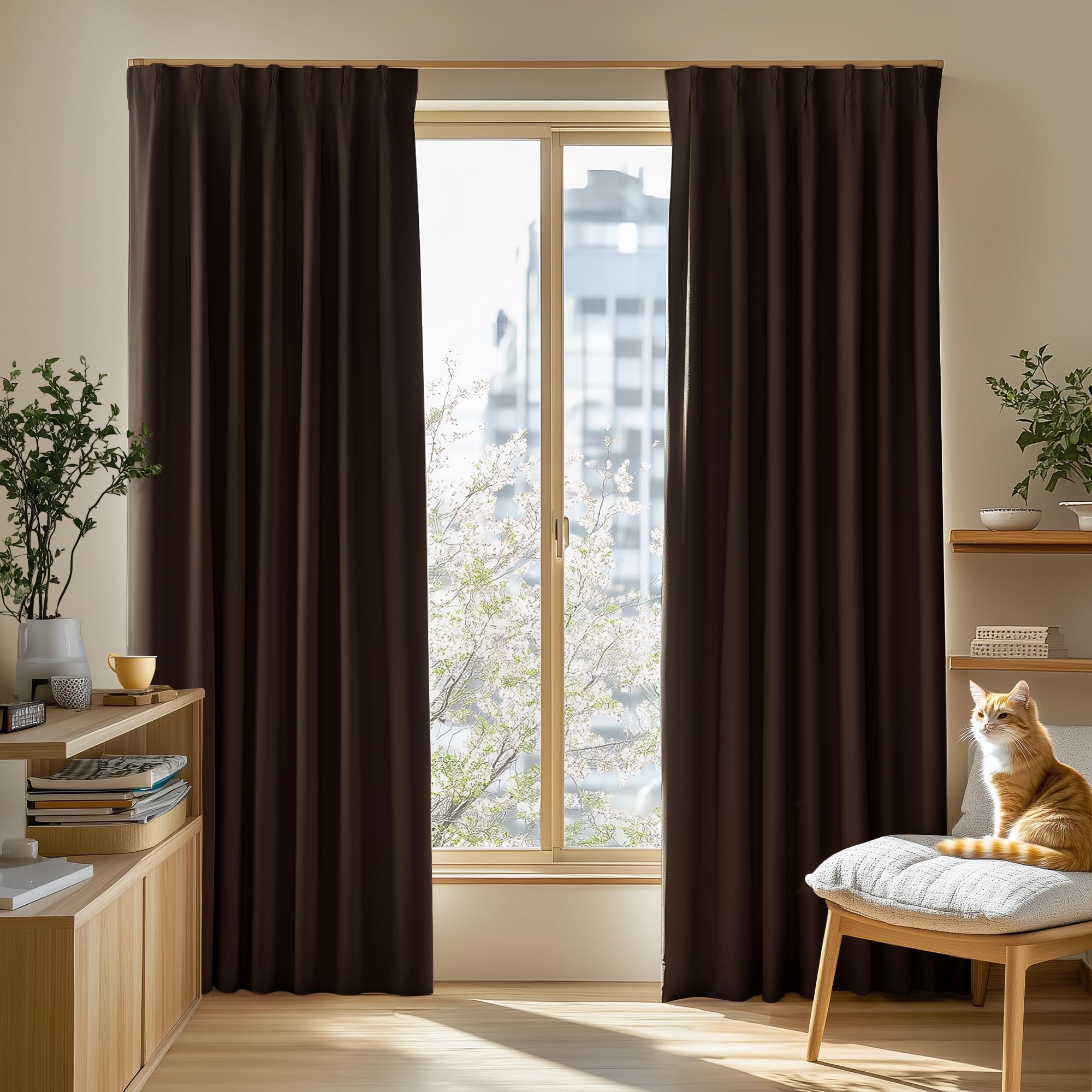 【送料無料】Deconovo カーテン 2枚組 厚手 ドレープ 形態記憶 洗濯OK UVカット 昼夜の視線対策 省エネ 寝室 リビング用 アジャスターフック対応 色：チョコレート、サイズ：丈178 cm x 幅100 cm (2枚組)