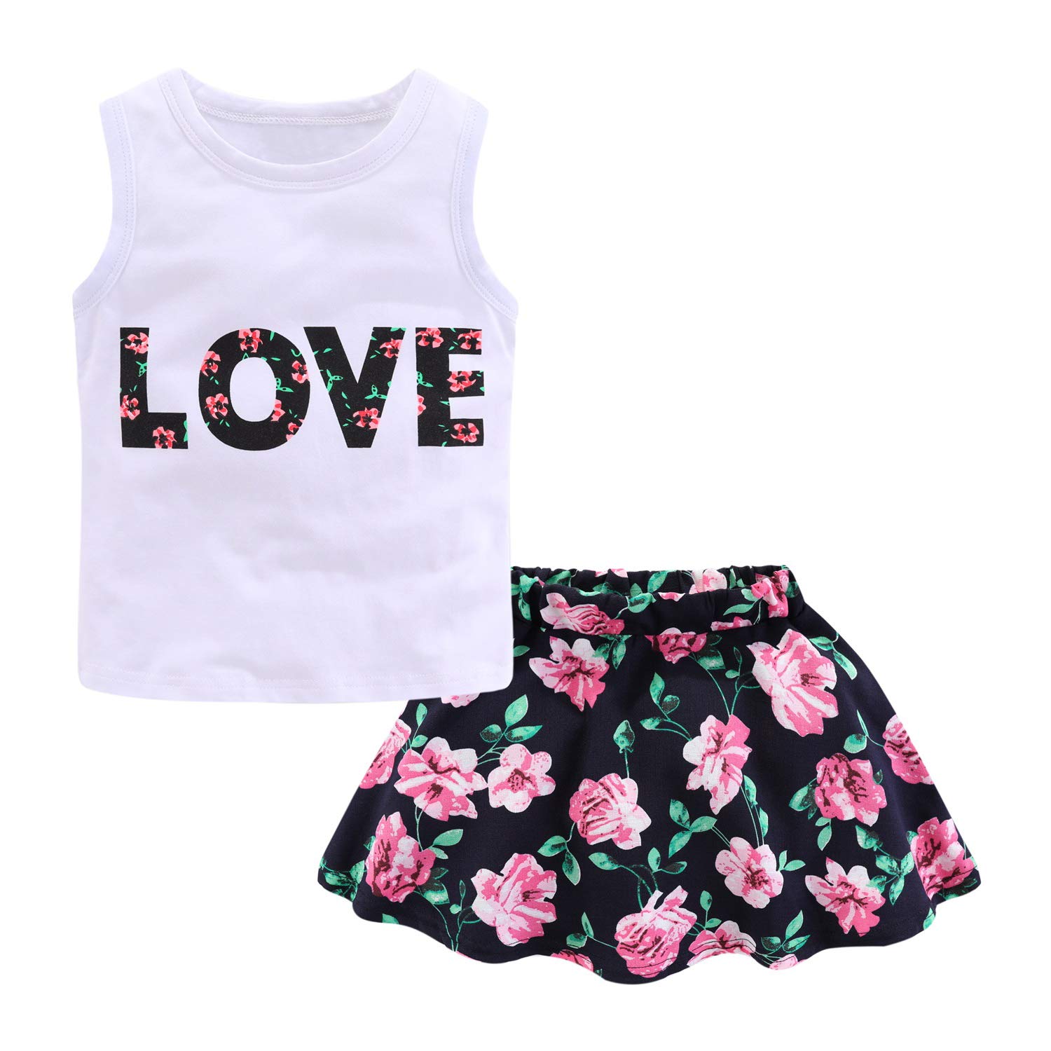 【送料無料】[LittleSpring] 子供服 女の子 Tシャツ 花柄 フレアスカート 女児 上下セット 色：ノースリーブ-ホワイト、サイズ：110