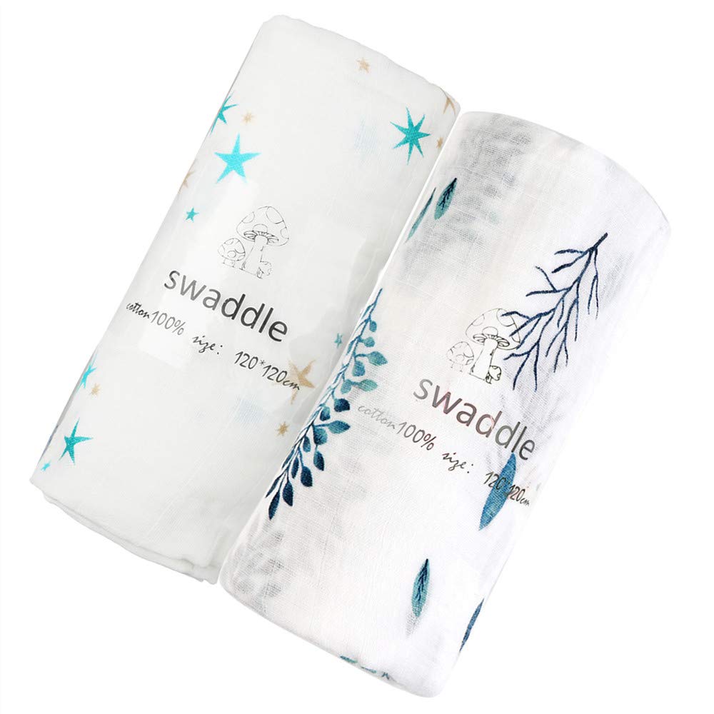 【送料無料】おくるみ 色：ブルー系2枚セット（星+葉）、サイズ：ダブル