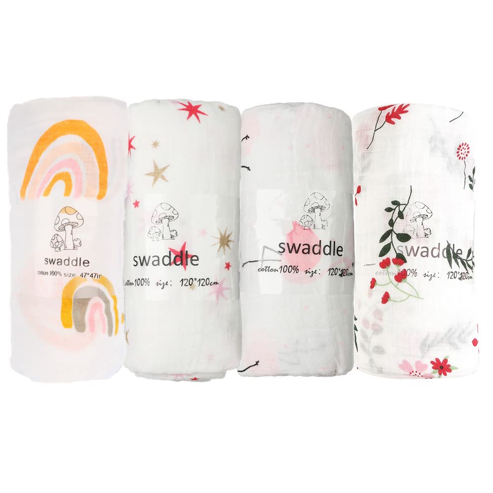 【送料無料】おくるみ 色：ピンク系4枚セット（星+フラミンゴ+花+虹）、サイズ：120*120cm