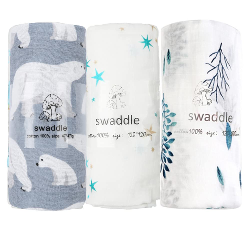 【送料無料】おくるみ 色：ブルー系3枚セット（星+シロクマ+葉）、サイズ：120x120センチメートル (x 3)